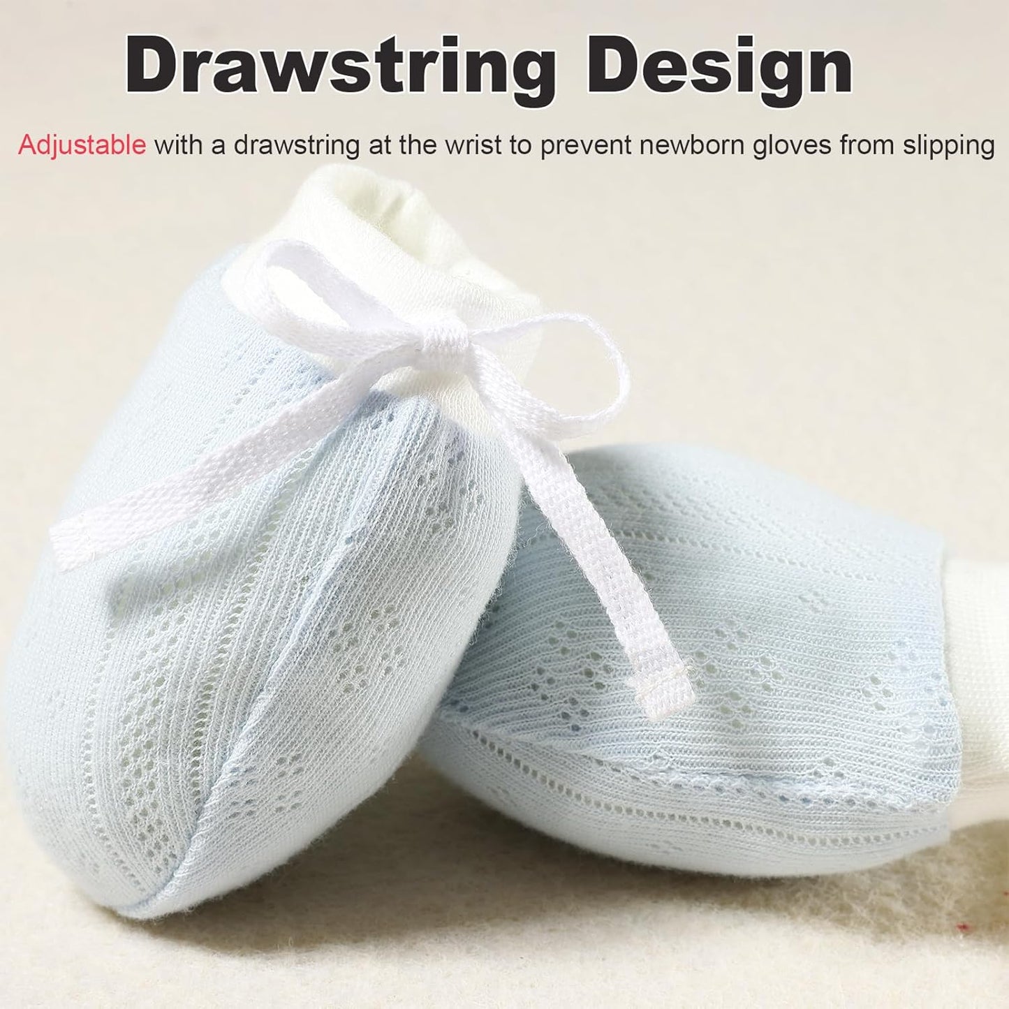 Newborn Mittens No Scratch 100% Cotton Mitts baby mittens 0-12months Drawstring 5Pack