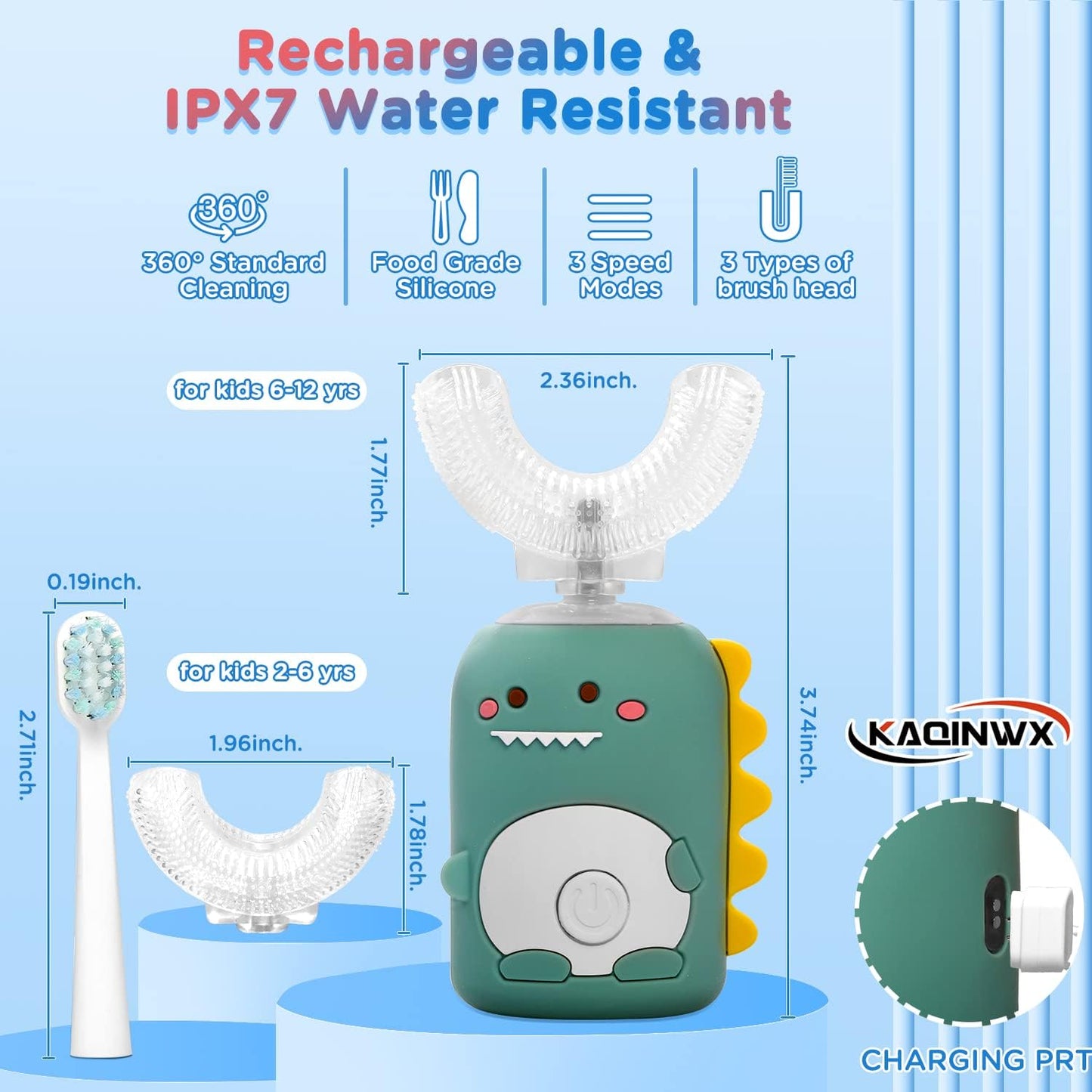 Kids U Shaped Electric Toothbrush for Age 2-12, Rechargeable Toddler Toothbrush with Smart Timer & 3 Clean Modes, Dinosaur Design, IPX7 Waterproof, 3 Brush Heads & 360°Cleaning