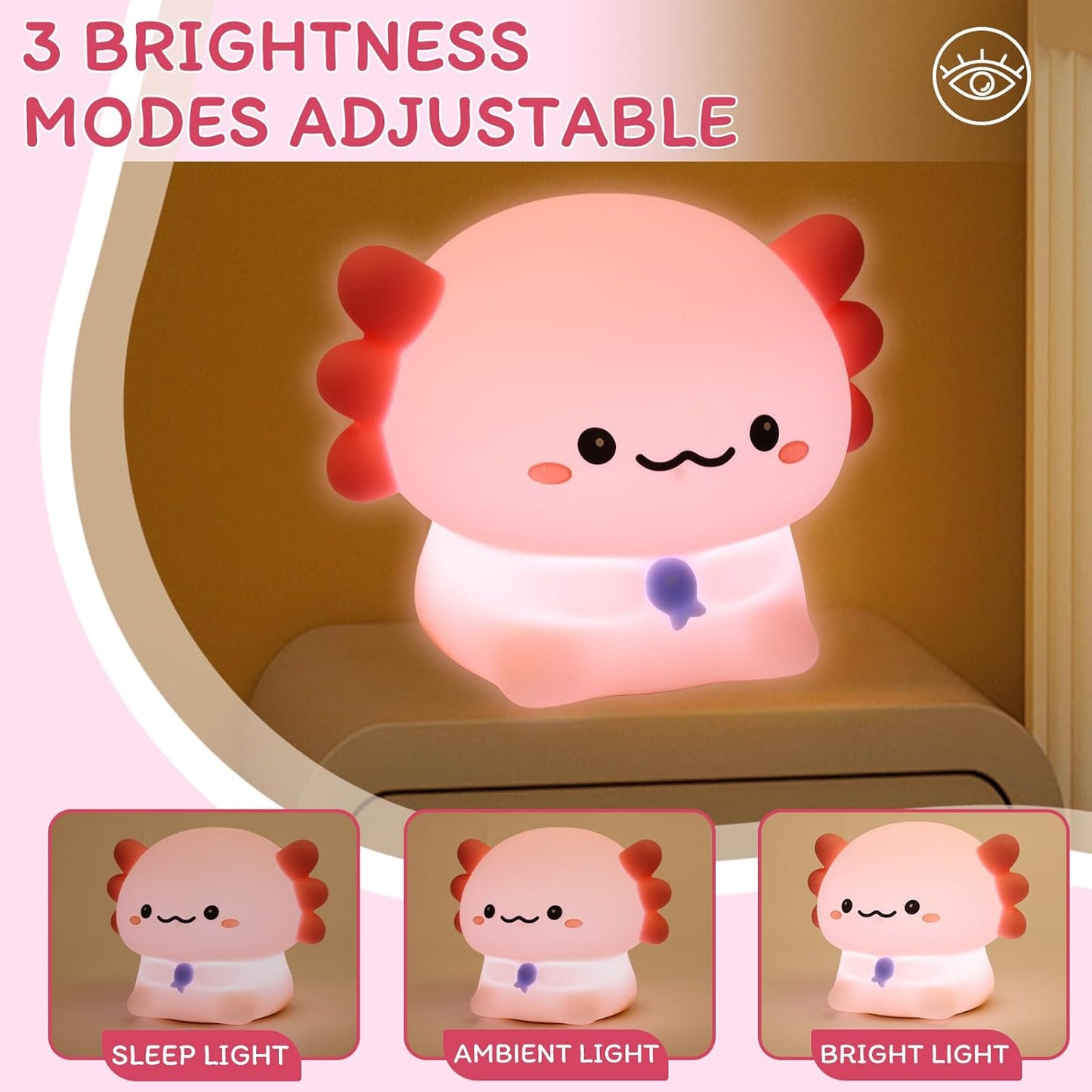 Axolotl Night Light for Kids - 3-Level Dimmer & Auto-Off Timer, Child-Safe Silicone Lamp, USB-C Rechargeable Nursery Light for Bedroom Breastfeeding (Squishy Animal)