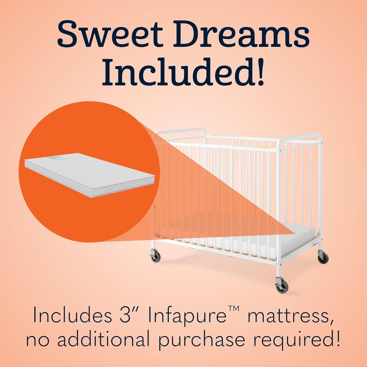 Foundations Chelsea Clearview Metal Compact Daycare Crib, 3" Casters, Compact Mini Size, Easy to Clean Durable Finish, Adjustable to Two Heights Mattress Board (White)