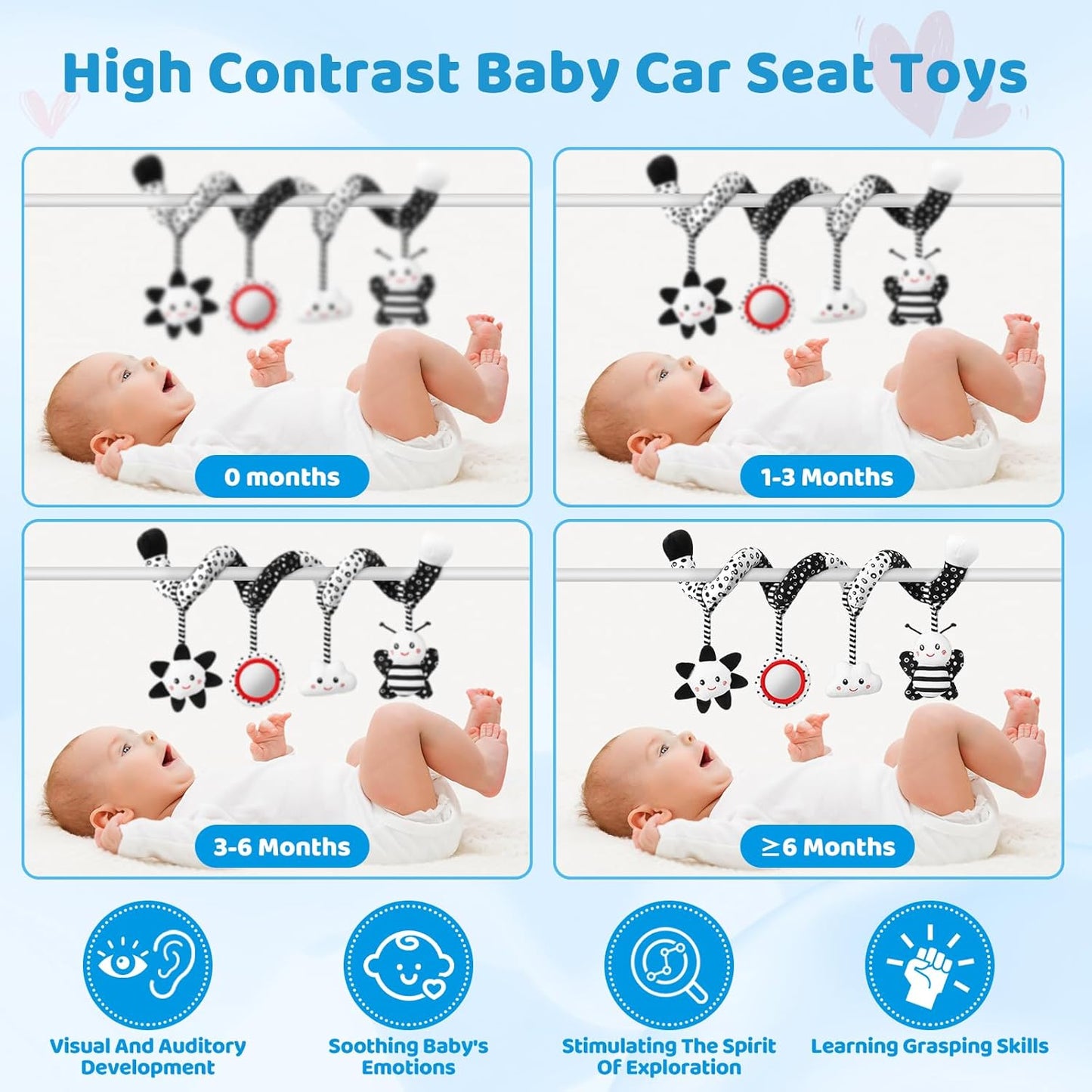 Car Seat Toys Hanging and Stroller Toys for Babies 0-6 Months,High Contrast Baby Toys for Newborn 0 3 Months Brain Development,Black and White Baby Toys for Crib Mobile,Infant Ideal Gift