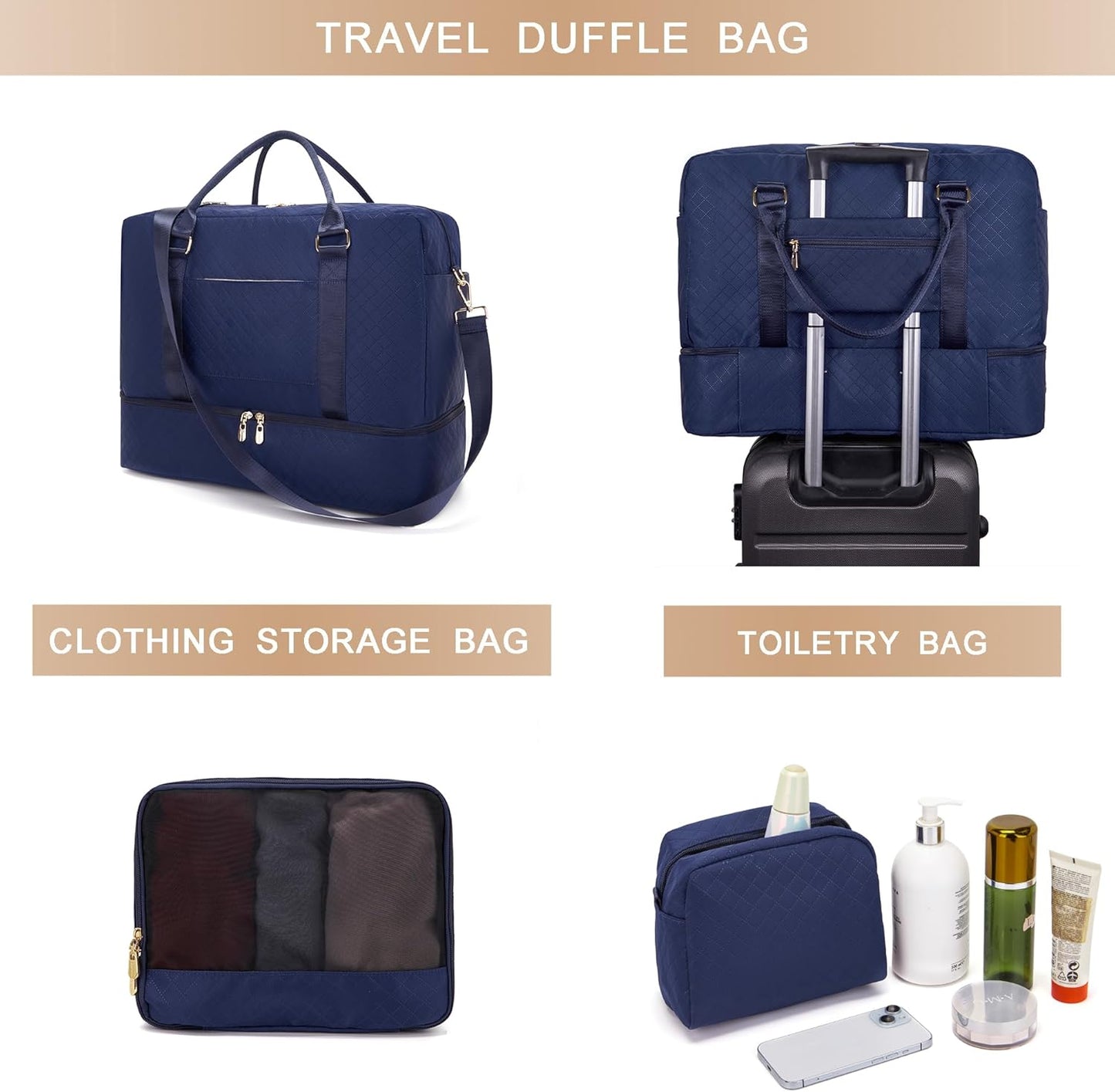 Soperwillton Women Travel Duffel Bags Carry On Overnight Bag with Shoe Compartment & Toiletry Pouch Gym Bag with Wet Pocket