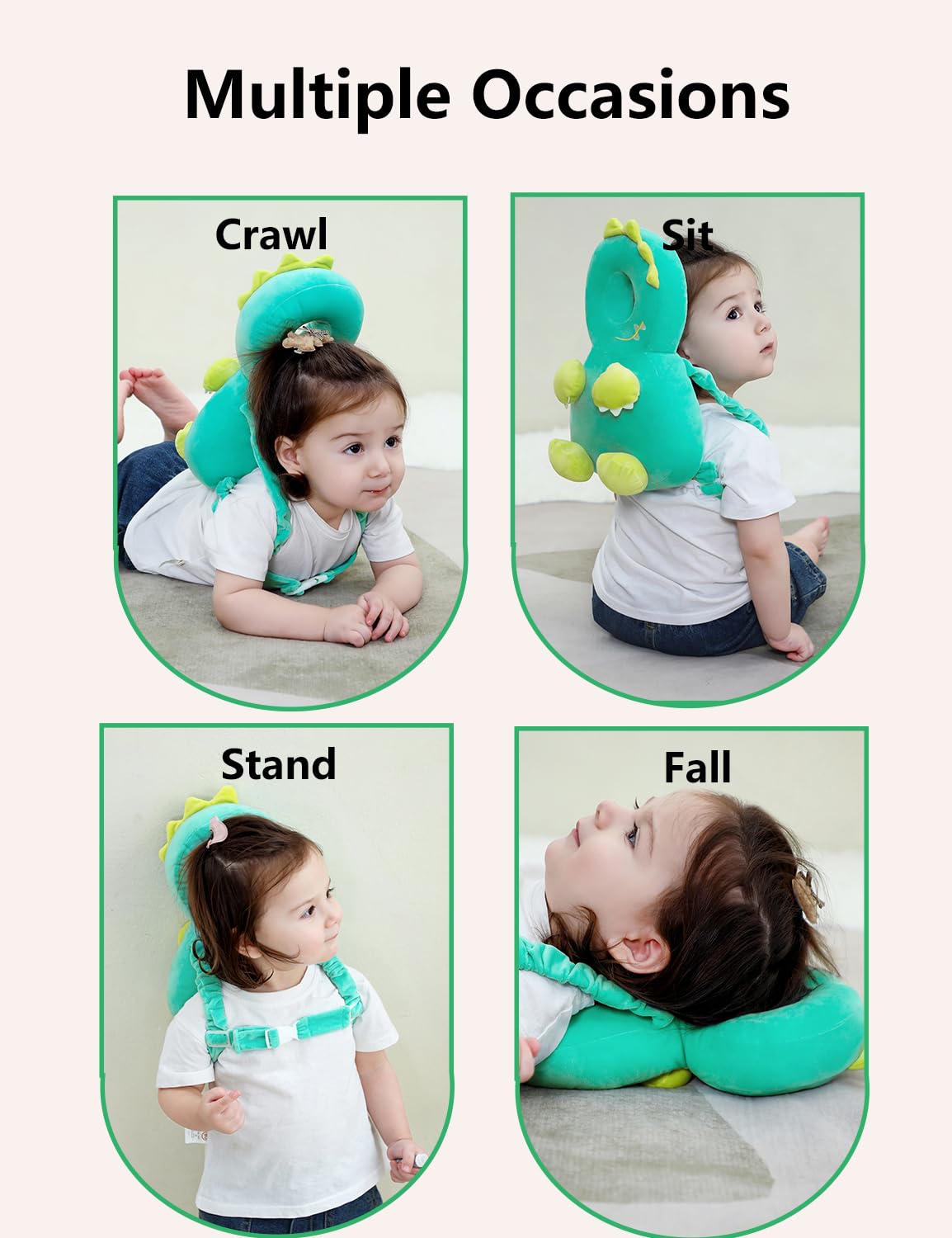 JunNeng Toddler Baby Head Protector Backpack for Toddler Walker with Knee Pads&Anti-Slip Socks, Dinosaur Green