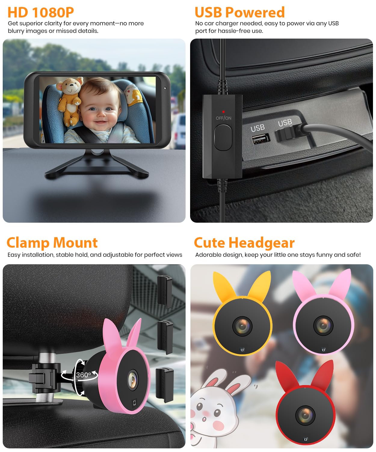 BV2 USB Baby Car Camera: 4.5" 1080P Car Seat Camera with IR Night Vision & Shockproof Clip, Real-Time Infant Monitoring, Baby Must Have Gift for New Moms & Newborn Essentials