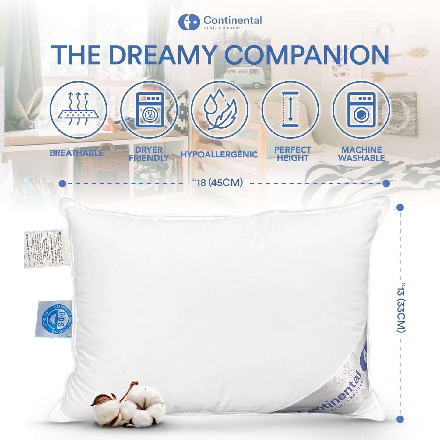Continental Bedding Child-Down, 13x18 Soft Pillow, White