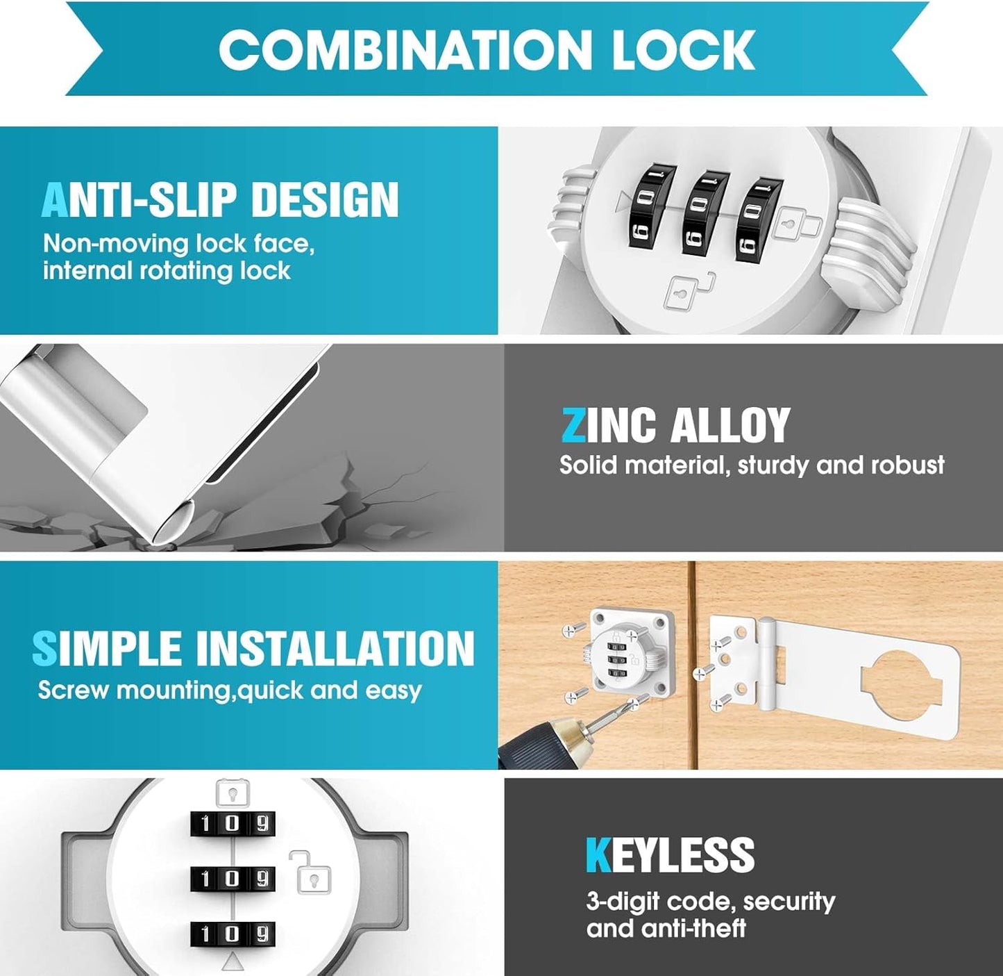 4.5 in Mechanical Combination Swing Hasp Lock, Combination Cabinet Lock, Small Door Security Latch for Cabinets, Drawers, Closets, Storage Cabinets and Barn Doors (White-1pc)