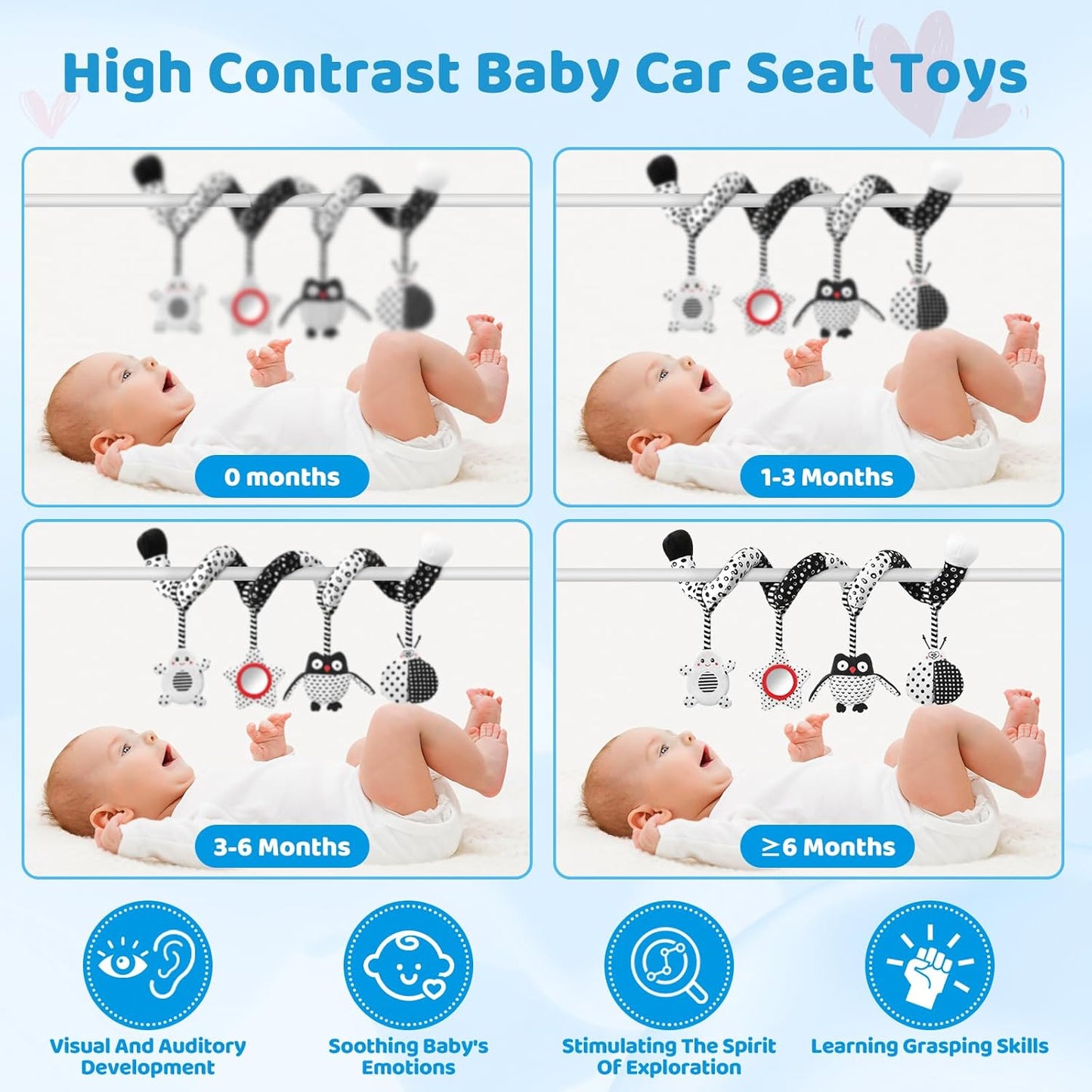 High Contrast Baby Toys - Black & White Hanging Toys for Car Seat, Stroller & Crib | Newborn Essentials 0-6 Months | Perfect