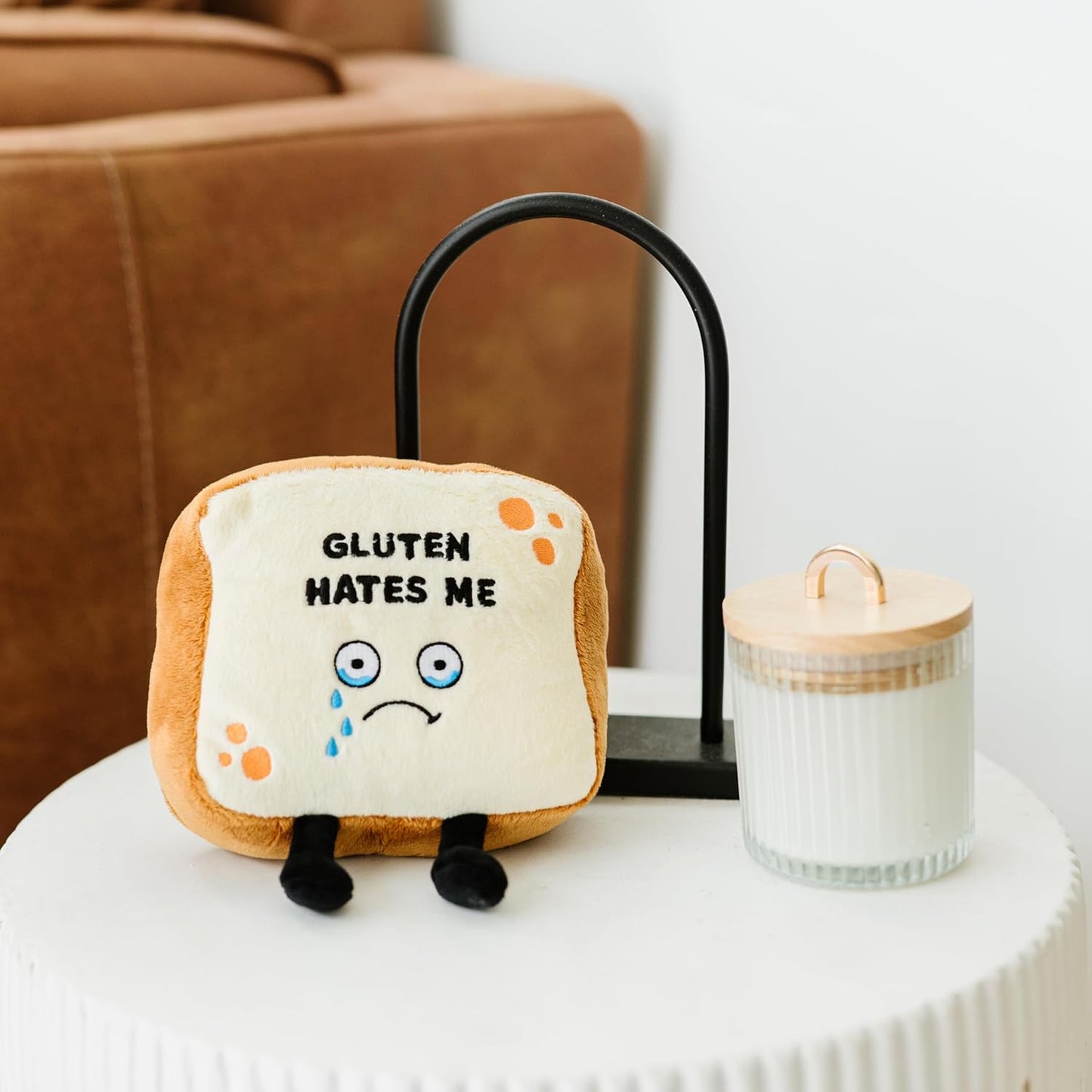 Gluten Hates Me Foodie Plushie, Funny Pun Meme Gag Gift, White Elephant, Stocking Stuffer Present, Great for Emotional Support, Fun Desk Accessory, Weighted Base for Display
