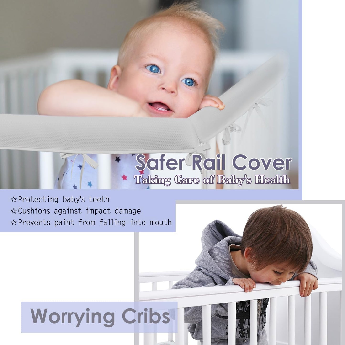 3 in 1 Breathable Crib Rail Covers for Life Size Cribs,White Soft Anti-Collision Strip Corner Covers,Protect Baby Teeth and Save Crib Rails, Rail Edge Protector Strip (Gray-4pc)