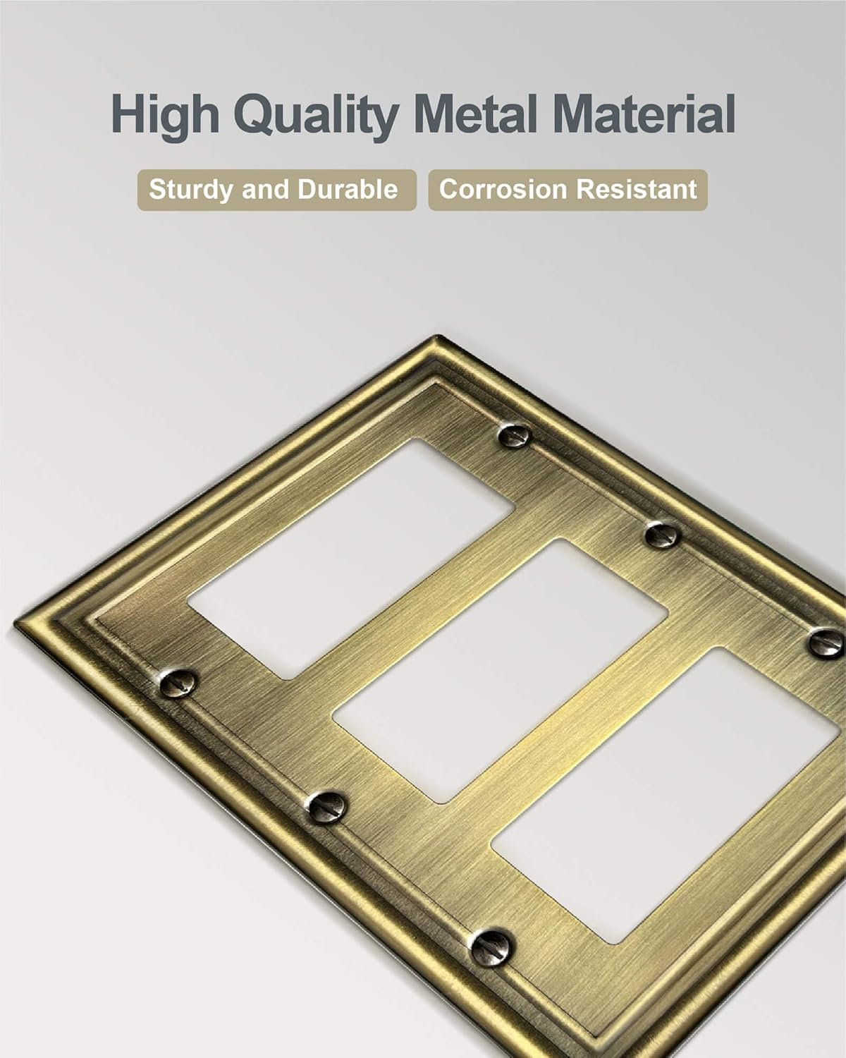 1 Pack Triple Decorator Wall Plates, Metal Electrical Outlet Covers for Receptacles, Dimmer Switches, GFCI Outlets, Antique Brass, 6.77''*4.88'', Midisze, 3 Gang