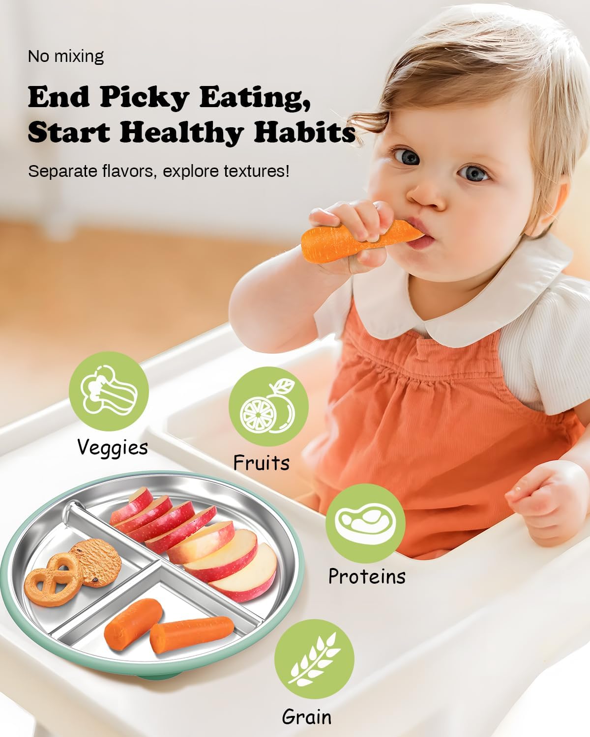 8” Stainless Steel Toddler Plate with Suction, Divided Plates with Removable Silicone Sleeves for Kids, Non Toxic & BPA Free | Non Slip | Unbreakable Baby Snack Dishes Set of 2, Blue & Sage