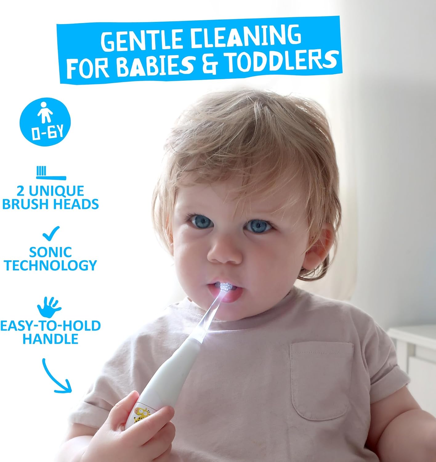 Jack N' Jill Tickle Tooth Sonic Electric Toothbrush with Replacement Head - Gentle Cleaning, Made for Tiny Teeth, LED Inspection Light, for Babies & Kids, Extra Soft Bristles - (1 Pack)