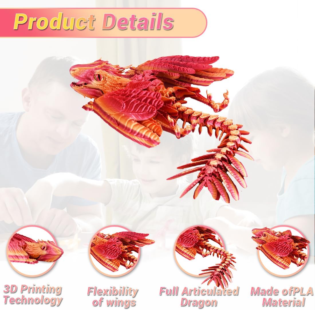 3D Printed Dragon with Wings 3D Printed Animals Articulated Dragon Fidget Dragon 3D Printed Toys Dragon Toy Desk Pets Home Office Decor (Orange)