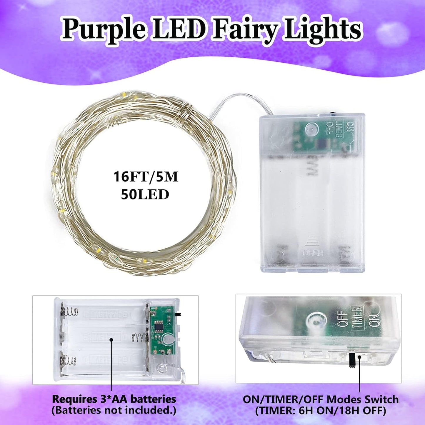 4-Pack 50 LED Fairy Lights Battery Operated with Timer, 16FT Waterproof Halloween String Lights Outdoor Indoor LED Starry Lights for Halloween Parties Bedroom Home Centerpiece DIY Decorations (Purple)