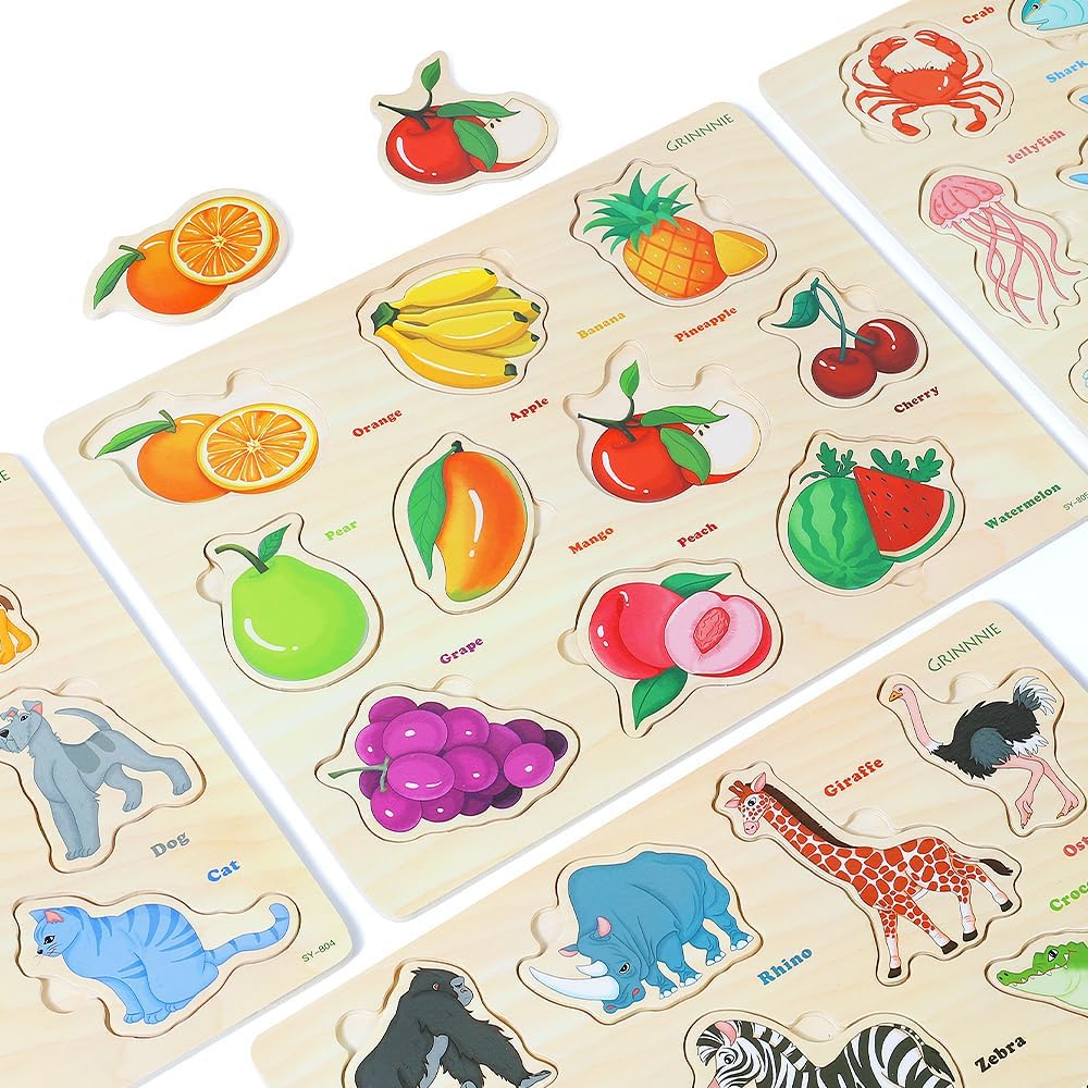 GRINNNIE Wooden Toddler Puzzle for Age 2 3 4 Years Old, 6 PCS Toddlers Learning Puzzle Set - Animal, Fruit, Sea Creature and Vehicle, Educational Toy Birthday for 3-5 Boys Girls