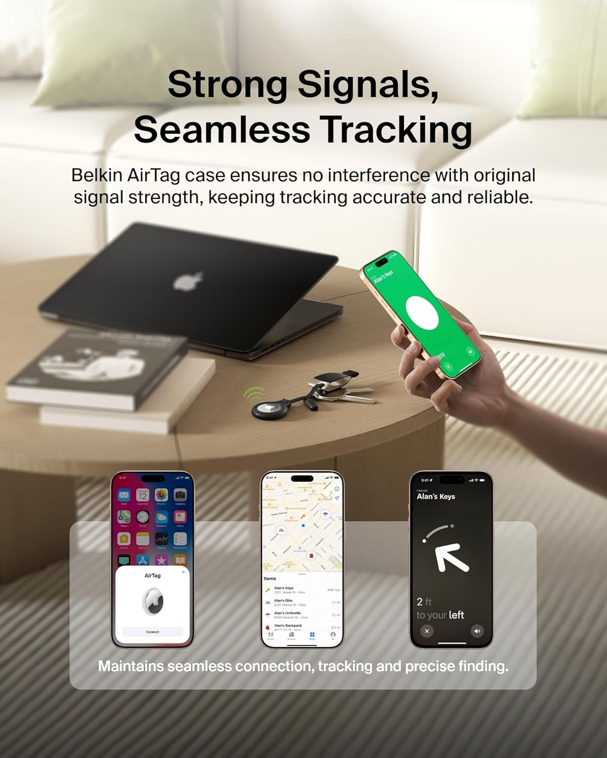 Belkin Apple Airtag Secure Holder With Strap - Apple Air Tag Keychain - Airtag Holder With Strap For Key Ring - Airtag Keychain Accessories - Scratch Resistant Airtag Case With Raised Edges - Black