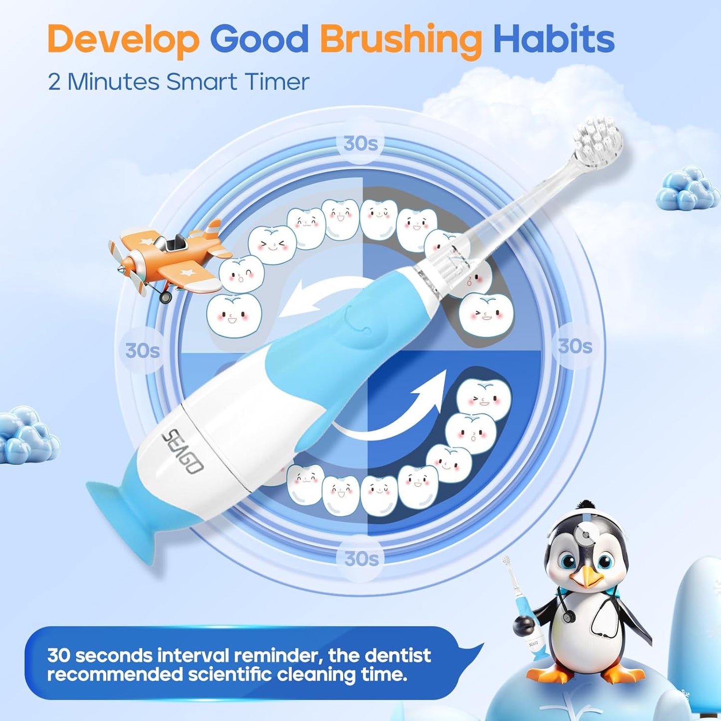SEAGO Toddler Electric Toothbrushes for Baby Ages 0-3 Years, Baby Toothbrush with Smart Timer and Suction Base, 4 Replacement Brush Heads SG-513 (Blue-C)