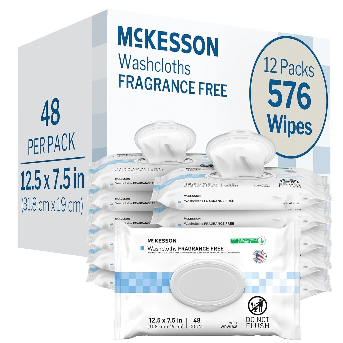 McKesson Washcloth Wipes for Adults, Unscented (12 Pack, 576 Washcloths) Disposable Wash Cloths for Body - Fragrance-Free No-Rinse Formula - Good for Incontinence and Elderly - 48 Wipes Per Pack