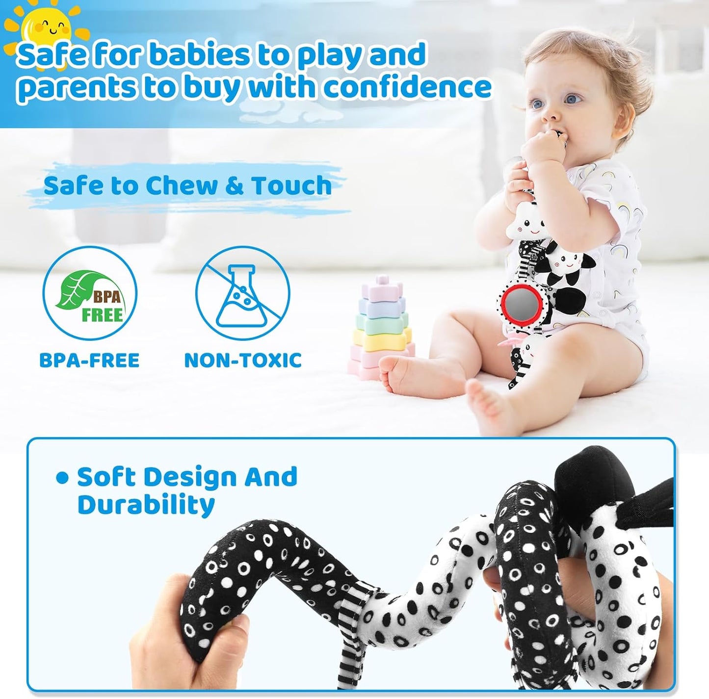 Car Seat Toys Hanging and Stroller Toys for Babies 0-6 Months,High Contrast Baby Toys for Newborn 0 3 Months Brain Development,Black and White Baby Toys for Crib Mobile,Infant Ideal Gift
