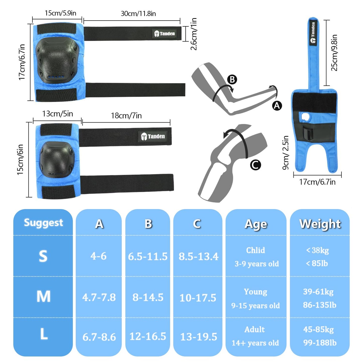 Skating Protective Gear Kids Knee Pads and Elbow Pads Set, Bike Knee Pads for Kids Wrist Guards for Roller Skating Toddler Knee and Elbow Pads Blue, Child (3-9 years)