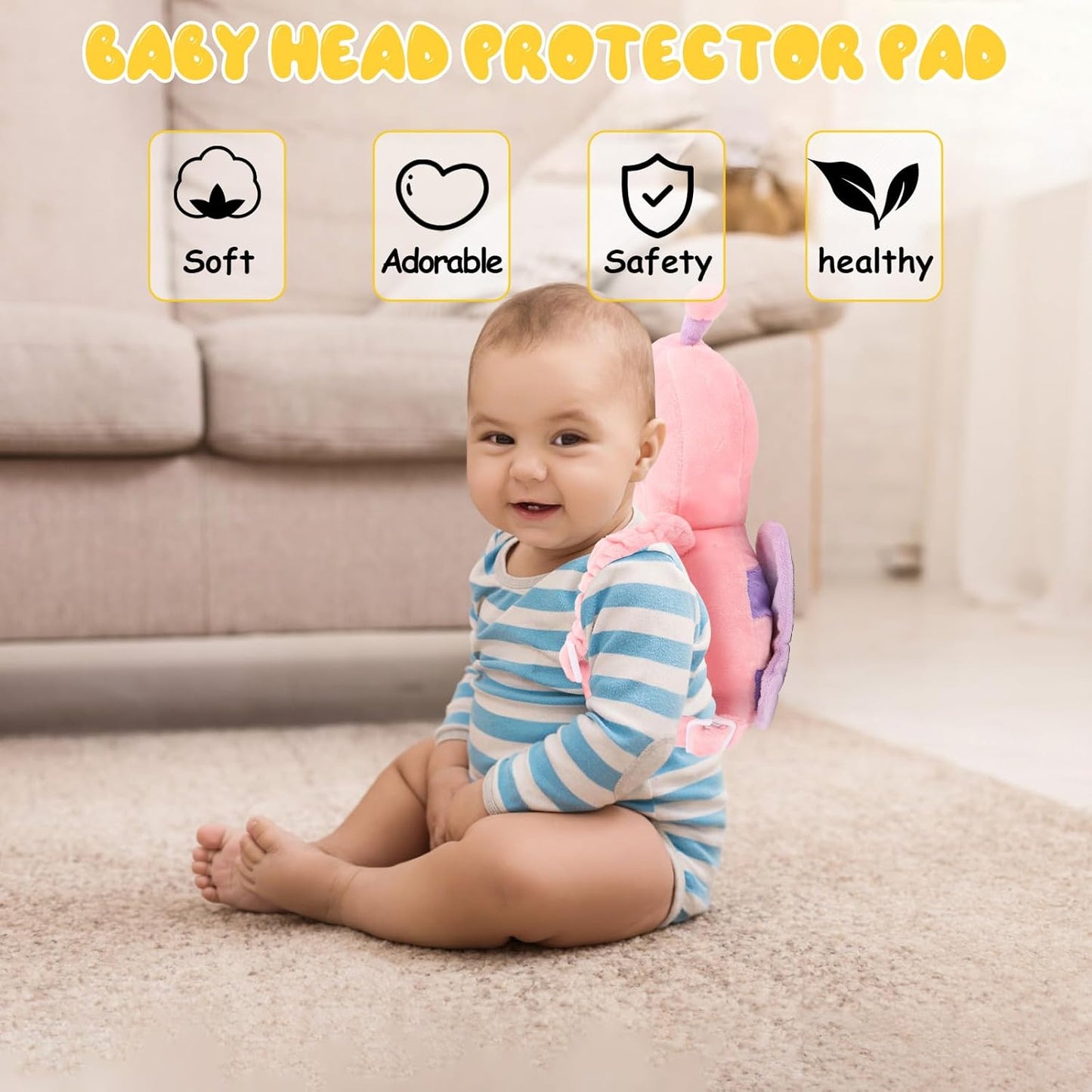Baby Head Protection Backpack - Soft & Comfortable, Cute Cartoon Design, Pink Butterfly