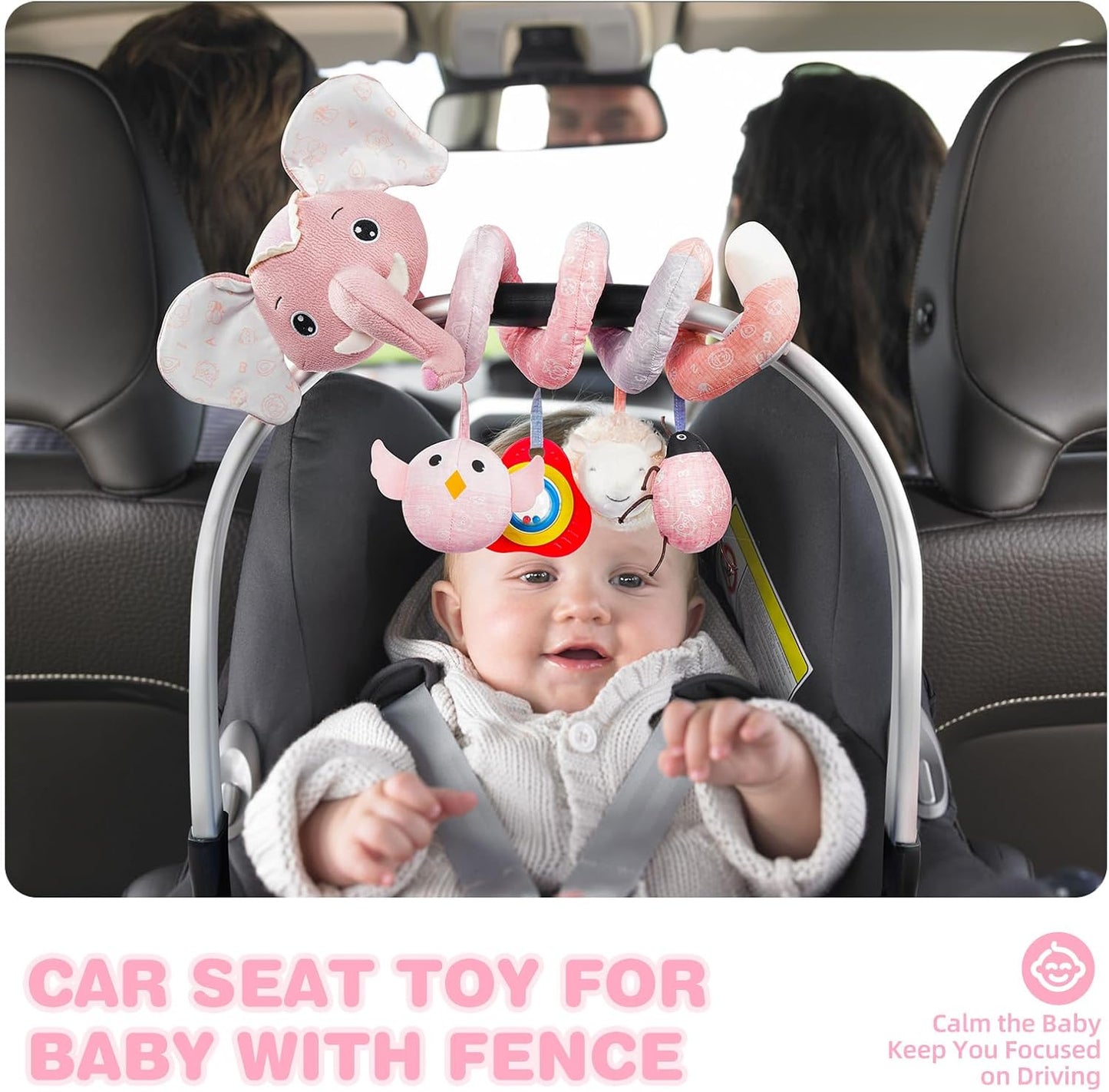 Jollybaby Baby Car Seat Stroller Toys, Plush Activity Hanging Spiral Activity Pram Crib with Music Box, Rattles, Squeaker for Babies Infant Boys Girls(SZ Pink Elephant)