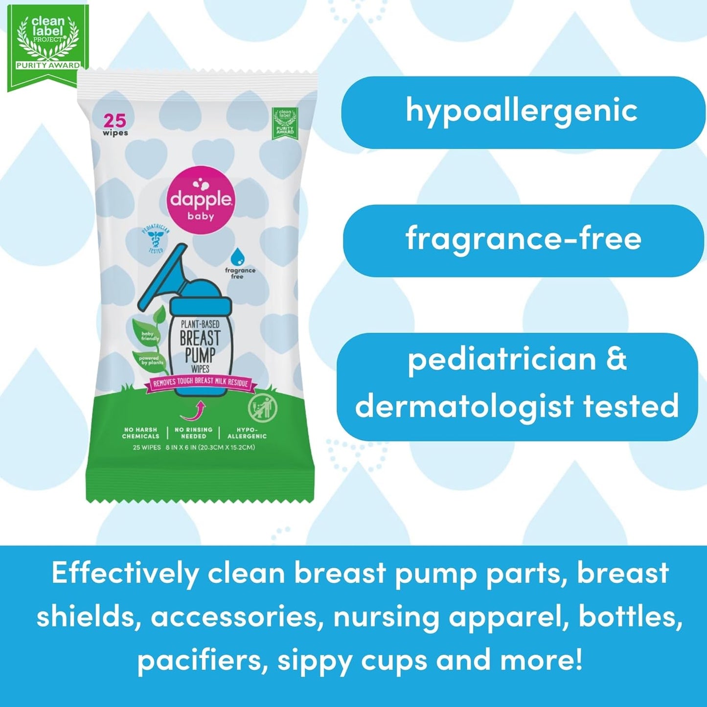 Breast Pump Wipes by Dapple Baby, Hypoallergenic & Powered by Plants, Removes Milk Residue, Leaves No Taste, Convenient Wipes Pouch, Fragrance Free, 25 Count (Pack of 1)