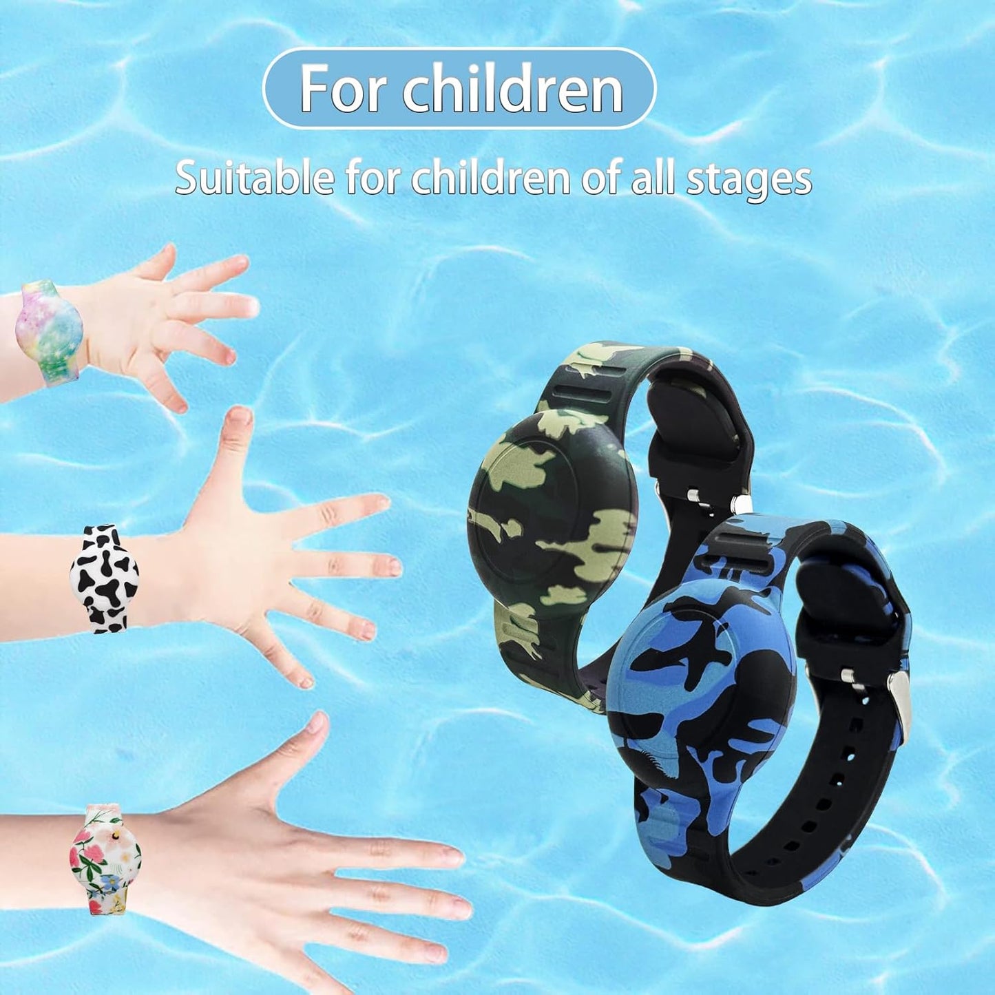 Waterproof AirTag Bracelet for Kids, Soft Silicone Air Tag Hidden Holder Case Compatible with Apple Airtag, Adjustable Anti-Lost Printed Strap GPS Traker for Toddler Child(2 Pack, Green & Blue)