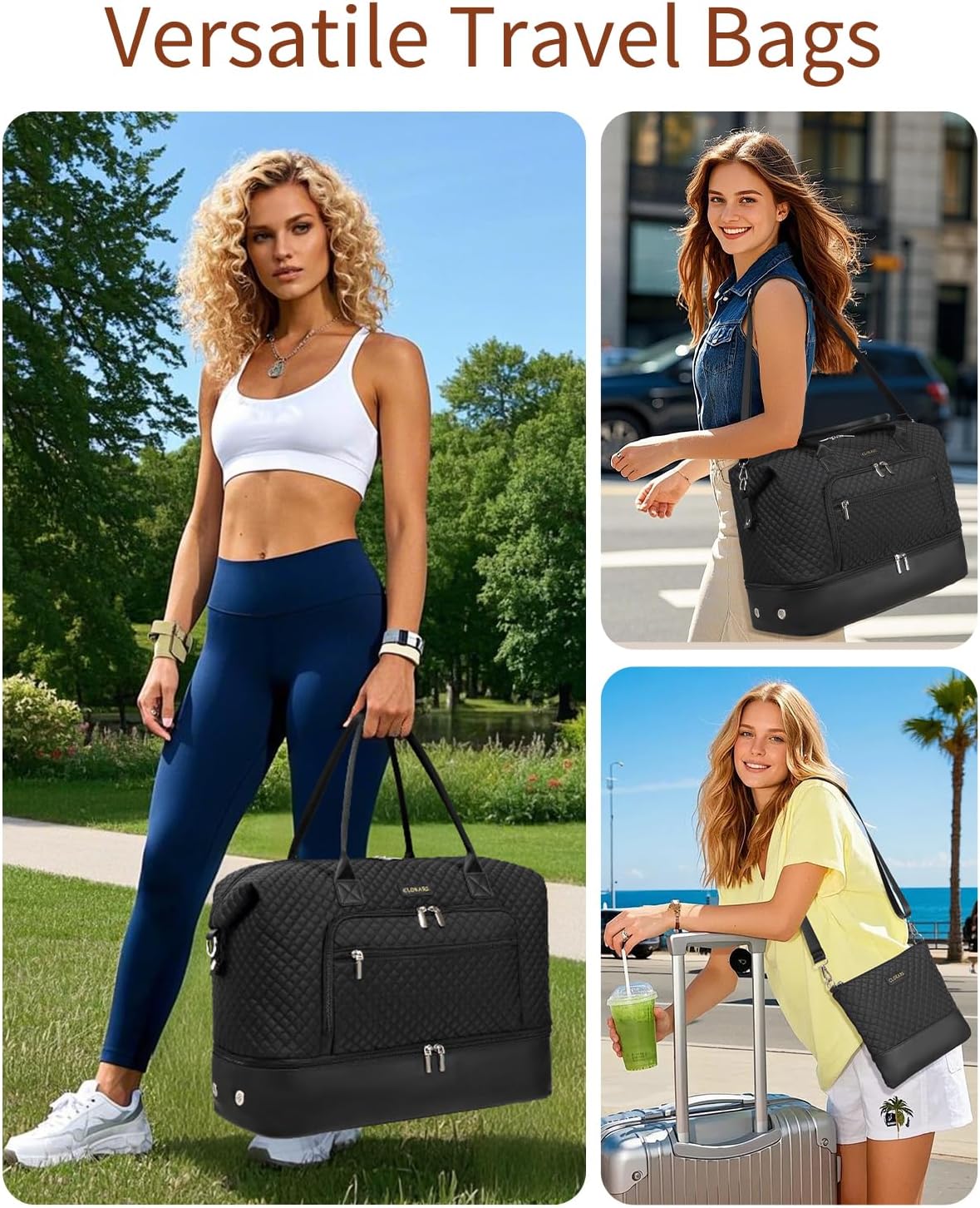 Weekender Bags for Women, Travel Duffle Bag Carry On Overnight Bag with Cosmetics Bag and Crossbody Purse for Gym Hospital, Gifts for Women, Black