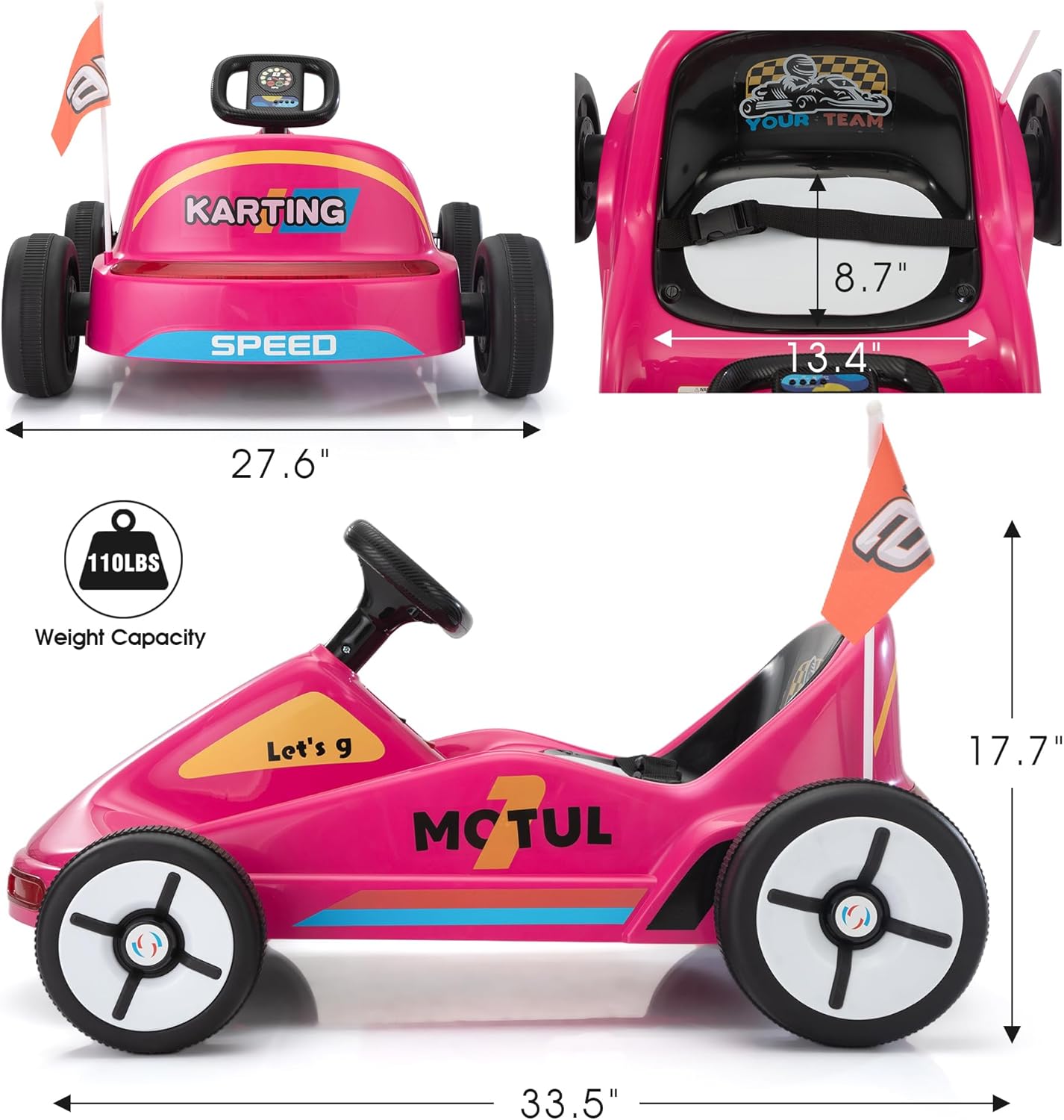 TOBBI 12V Electric Go Kart for Kids Battery Powered Ride on Car Outdoor Race Toy with Remote Control, Safety Belt, Music, LED Lights and Flags for Toddlers 3-8 Years, Pink