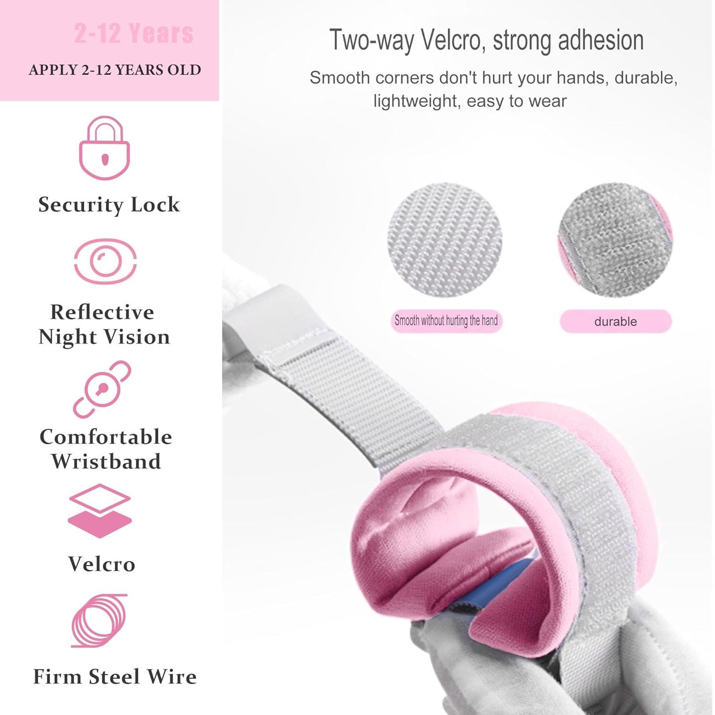 Toddler Harness Walking Leash- Child Anti Lost Wrist Link - Child Safety Harness - Upgrade with Reflective(6.5ft) - for Boys and Girls,Not Easy to Open Without Key (Light Pink)