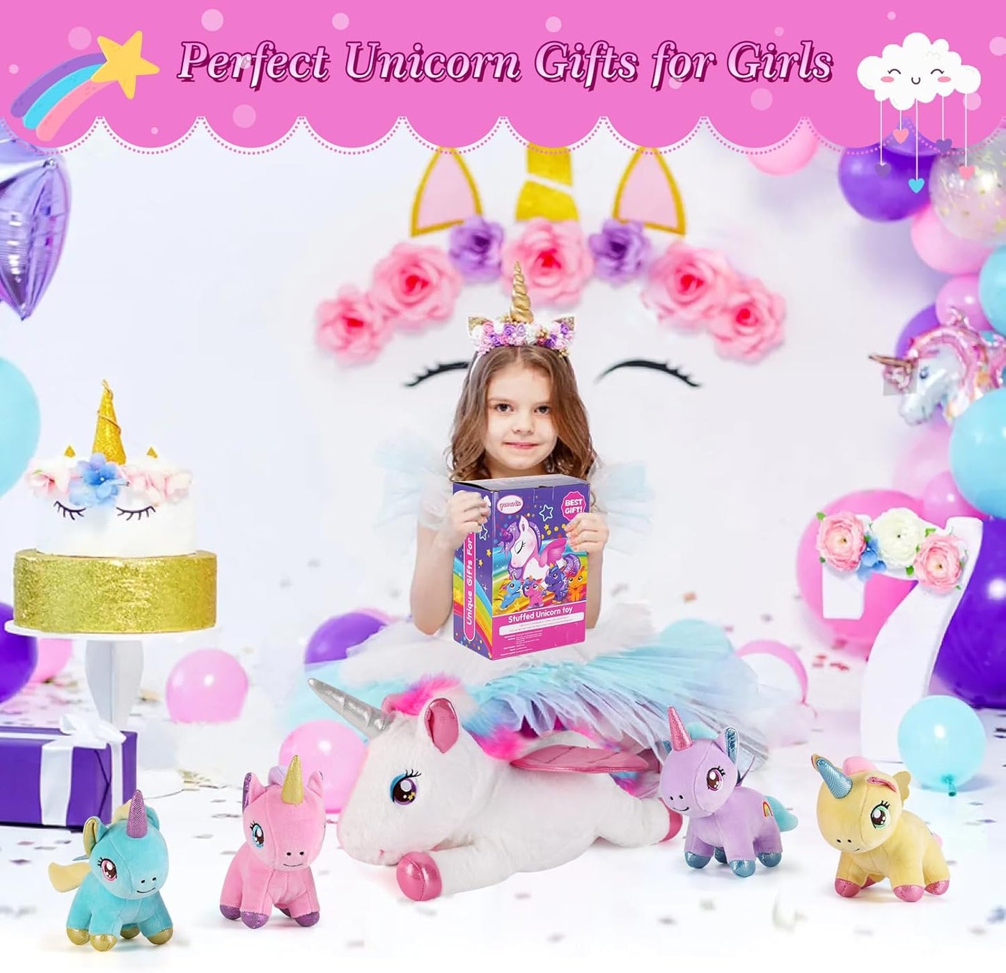 5 Pieces Unicorn Stuffed Animals - 1 Mommy Stuffed Unicorn with 4 Babies - Unicorns Gifts for Girls Ages 3 4 5 6 7 8, Unicorns Plush Toys for Christmas, Valentine's, Birthday Gifts (Pink)