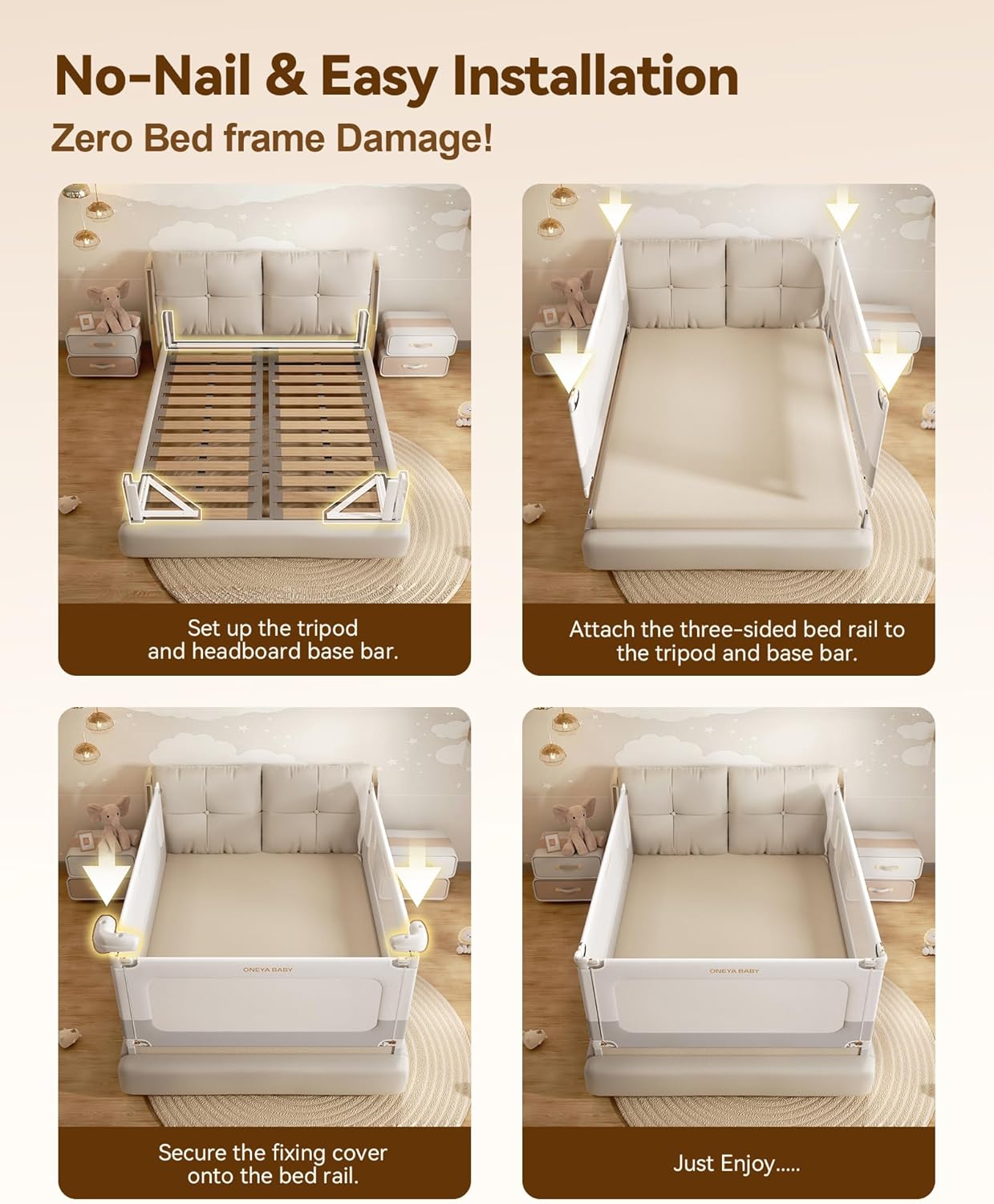 3 Piece Full Size Bed Rails for Toddlers, No-drill Needed Baby Bed Rail Guard with Height Adjustable, Thickened & Reinforced Child Safety Side Railing Guards/Bedrail for Kids,White/Grey, 54x78.7x78.7”