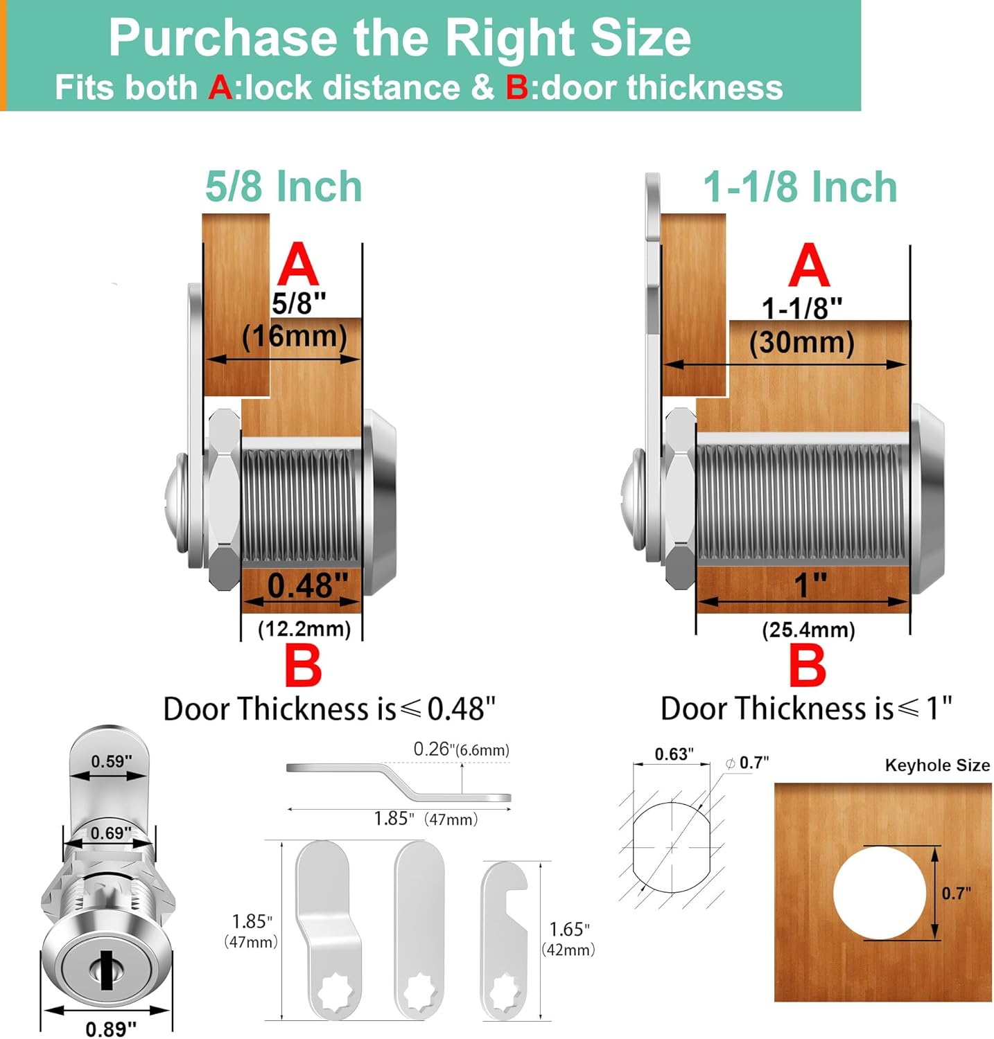 3 Pcs Cabinet Locks with Key, Mailbox Lock 1-1/8" Keyed Alike, Barrel Desk Locks for Drawers and File Cabinets Drawer Lock with Keys, Zinc Alloy