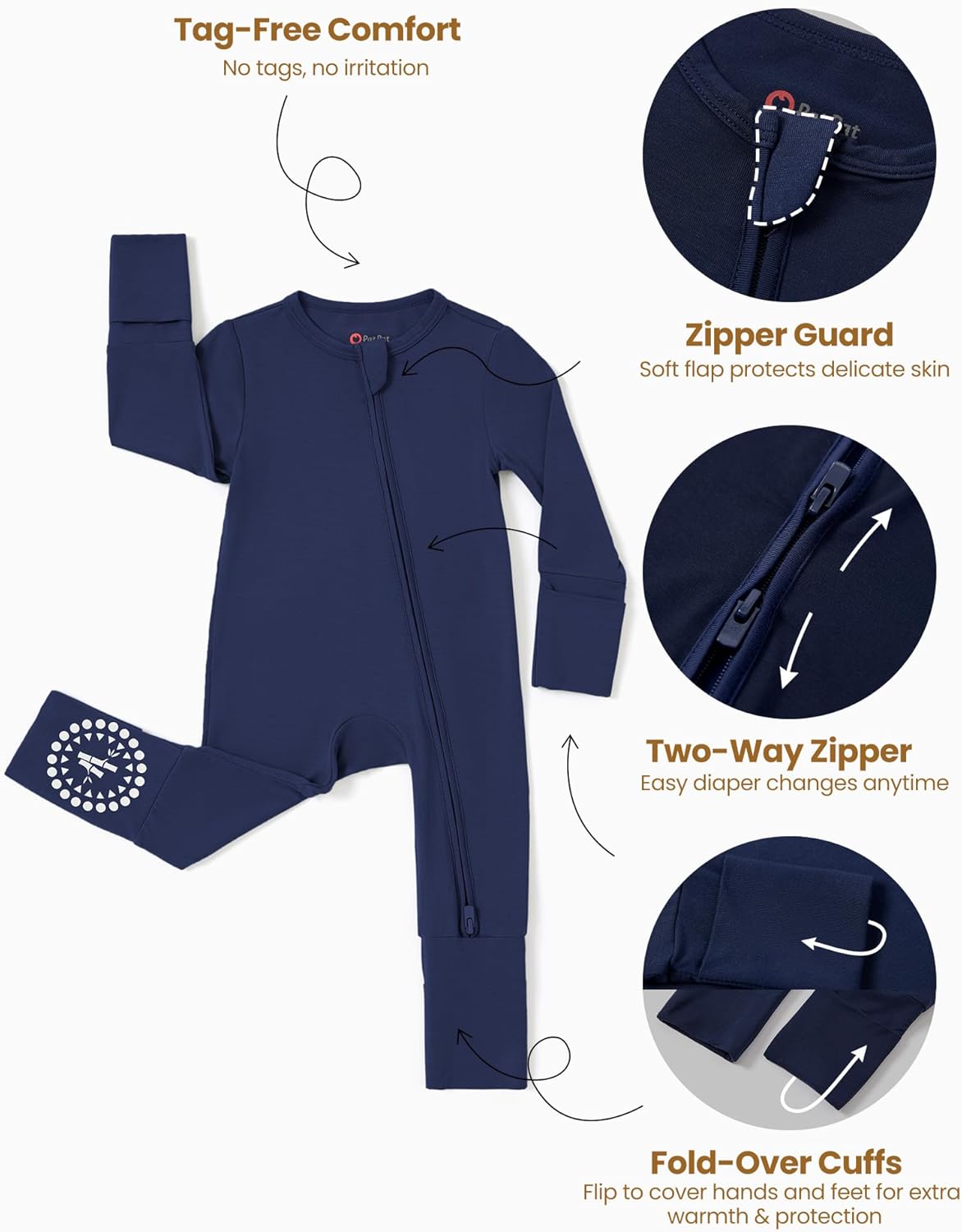 PATPAT Baby Footies Boys Girls - Bamboo Viscose - Zipper & Non-Slip Soles Romper Mitten - Footed & Footless Infant Clothes