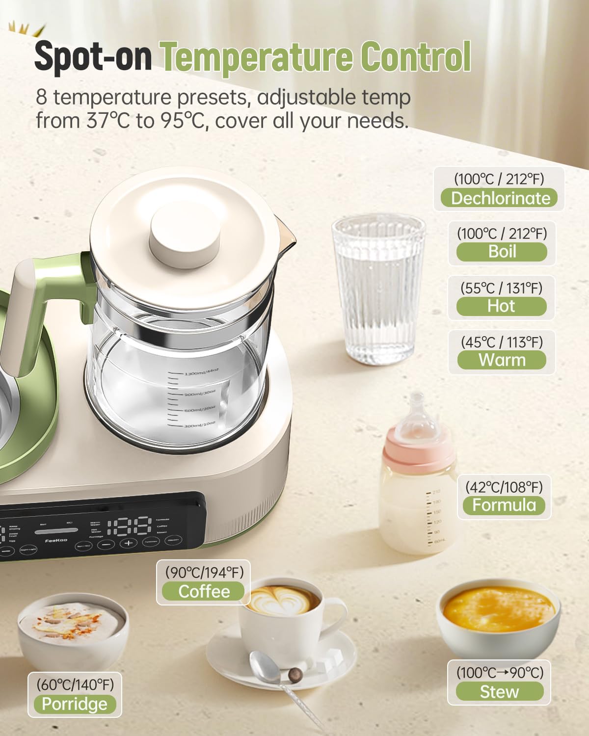 Feekaa Multifunctional Baby Bottle Warmer, Steamer and Dryer, 44oz Baby Formula Kettle Combo, Bottle Warmer for Breastmilk with Temperature Control, Water Warmer for Baby Formula, Electric Milk Warmer