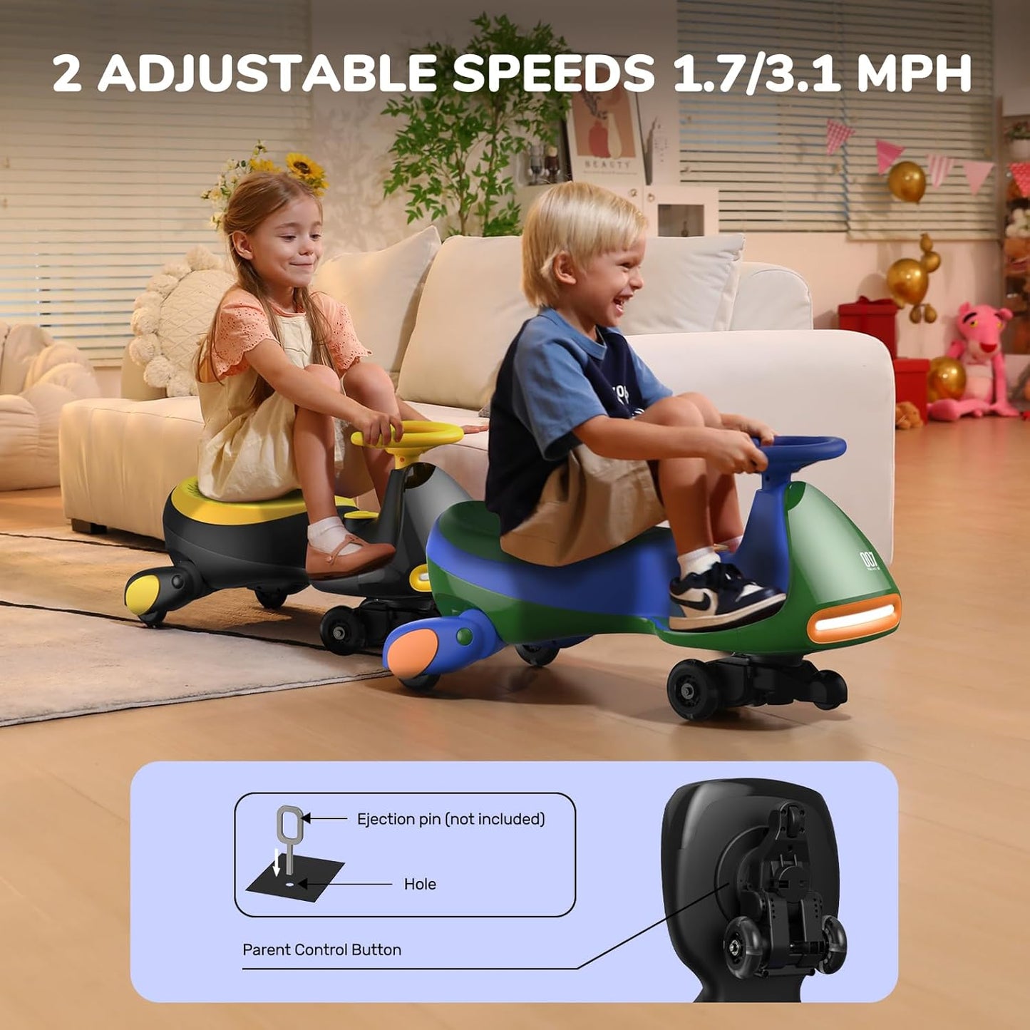 FanttikRide 6V N7 Classic Electric Wiggle Car with Pedal, Rechargeable Battery, Ride on Toys, Swing Car, 2 Speeds, Anti-Rollover, Flashing Light Wheels, Bluetooth, for Ages 3 and Up, 150 Lbs, Yellow