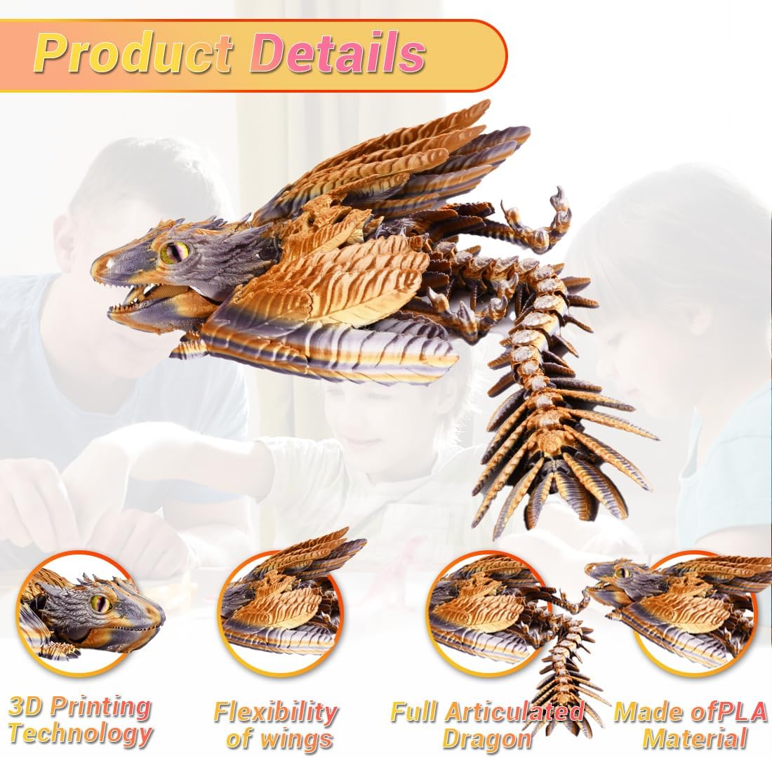 3D Printed Dragon with Wings 3D Printed Animals Articulated Dragon Fidget Dragon 3D Printed Toys Dragon Toy Desk Pets Home Office Decor (Copper)