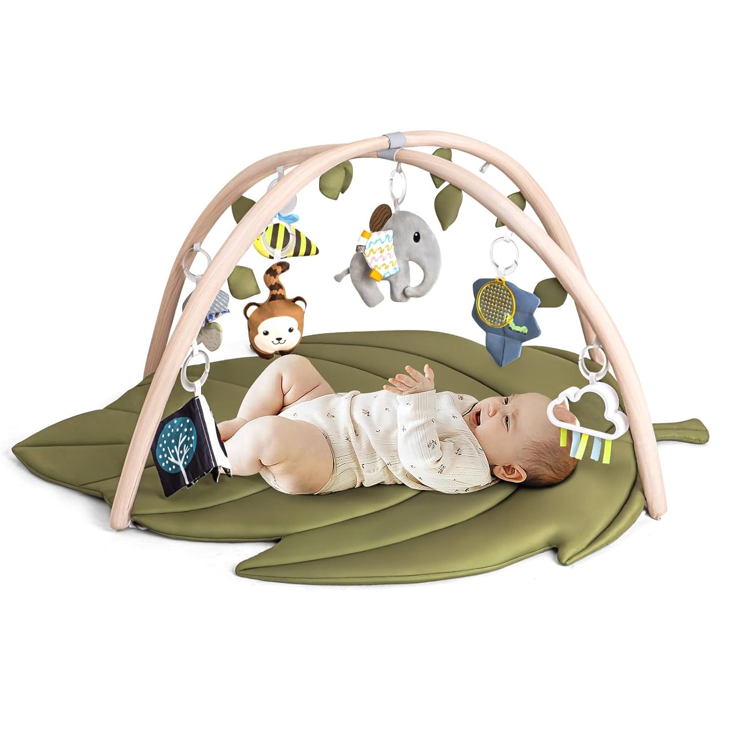 Infant Activity Center for Newborn to Develop Motor Cognition Leaves Leaf-Shaped Baby Play Gym & Activity Mat Extra Large Tummy Time Mat with 8 Detachable Toys