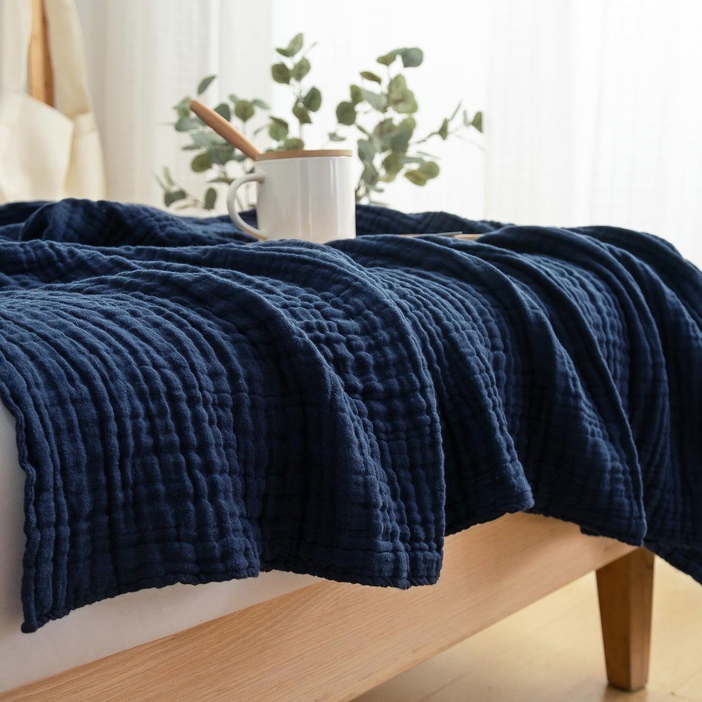 EMME Cotton Muslin Blanket King Size - Soft, Breathable Layering Blanket, 108"x90", All Season Gauze, Navy