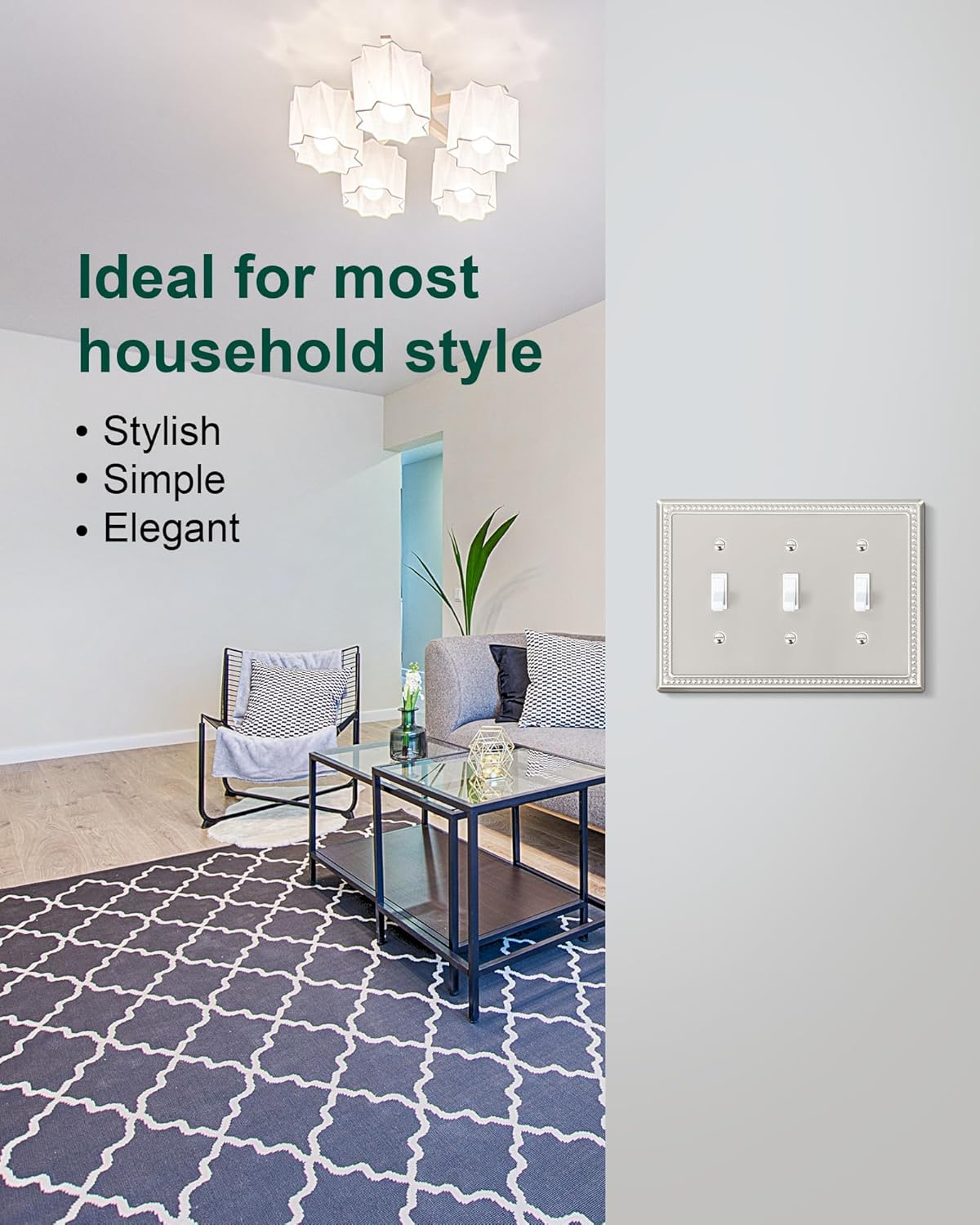 2-Pack Triple Toggle Light Switch Cover Plate, Pearls Decorative Switch Plate Covers, Brushed Nickel 3 Gang Metal Wall Plate