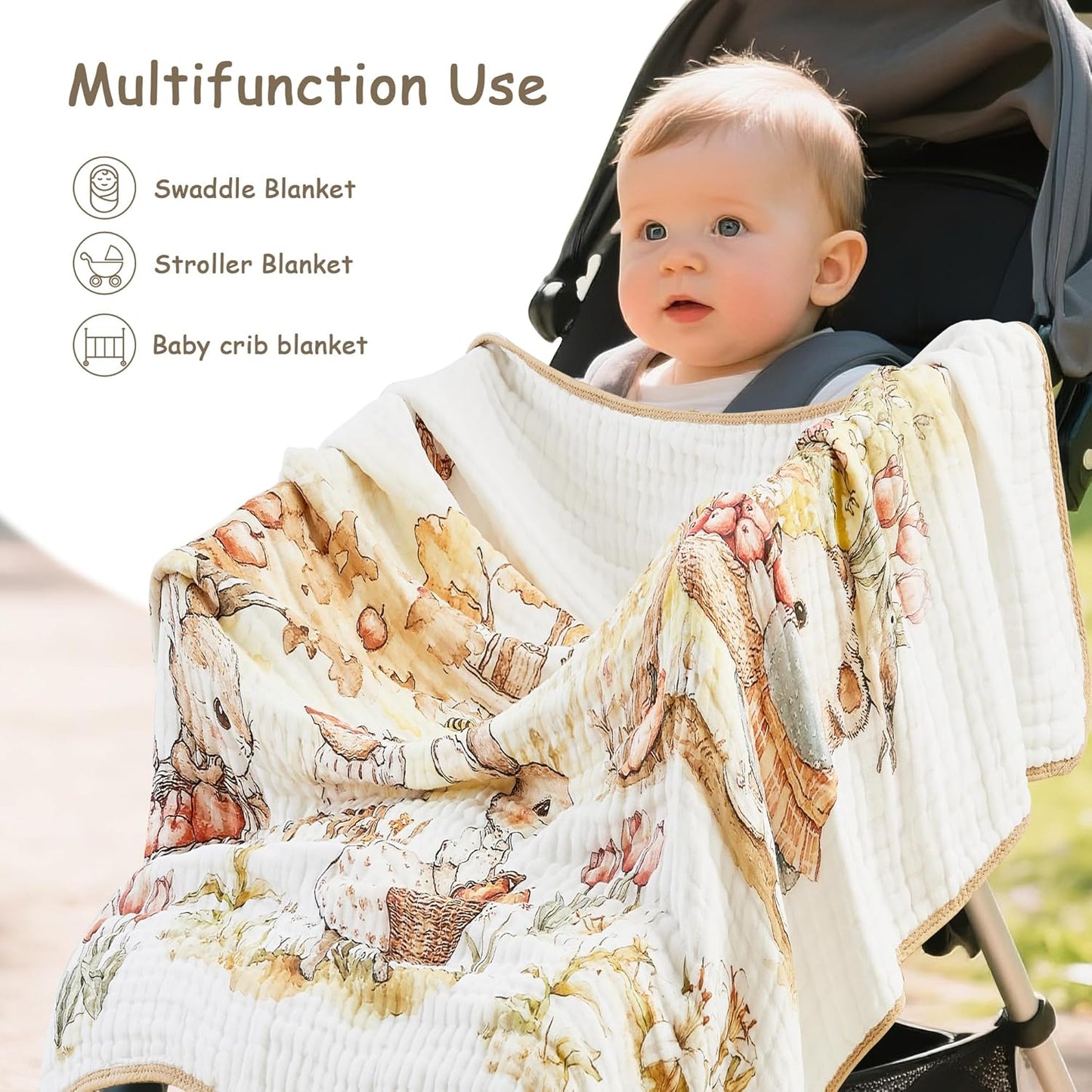 Luxury Muslin Baby Blanket, Cozy Swaddle, 6-Layer Cotton Receiving Blanket for Newborn Infant, 43x43 Inch Lightweight Breathable Crib Blanket, Nursery Stroller Toddler Quilt, Rabbits