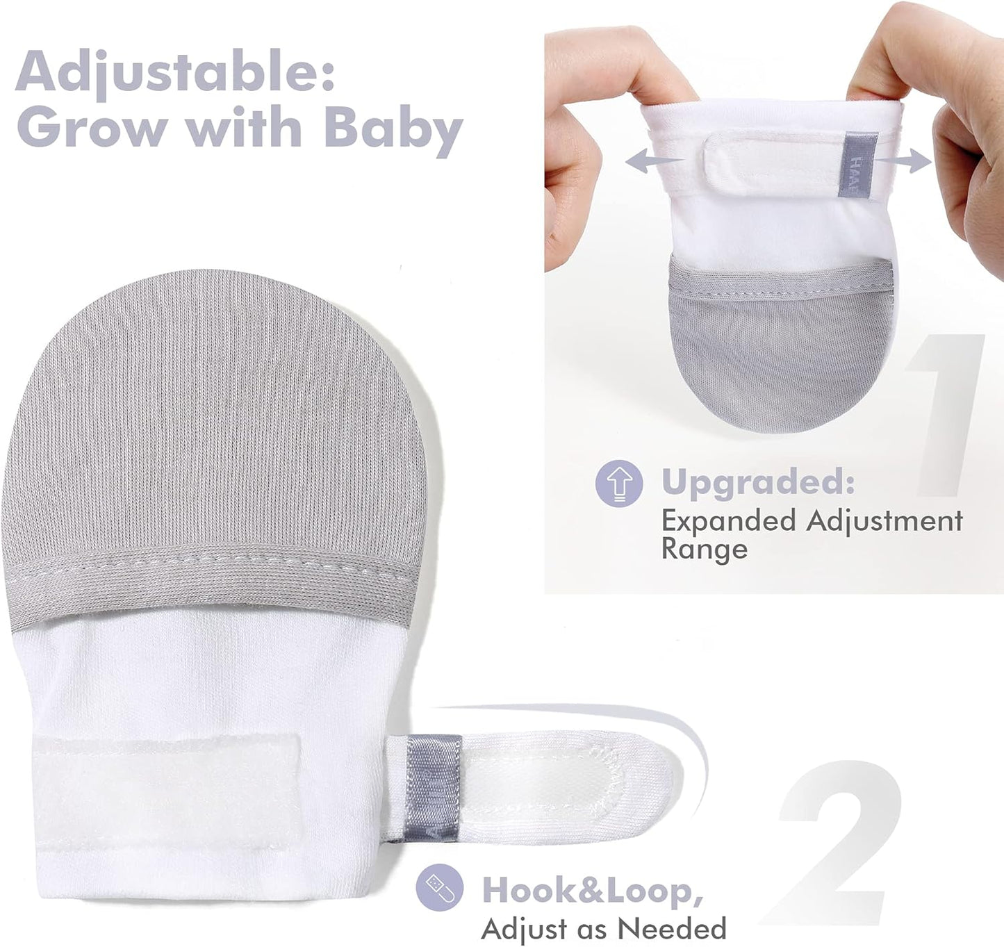 HAPIU Baby No Scratch Mittens Stay On, 100% Cotton Breathable, Adjustable Infant Gloves for Boys Girls, Newborn - 12 M