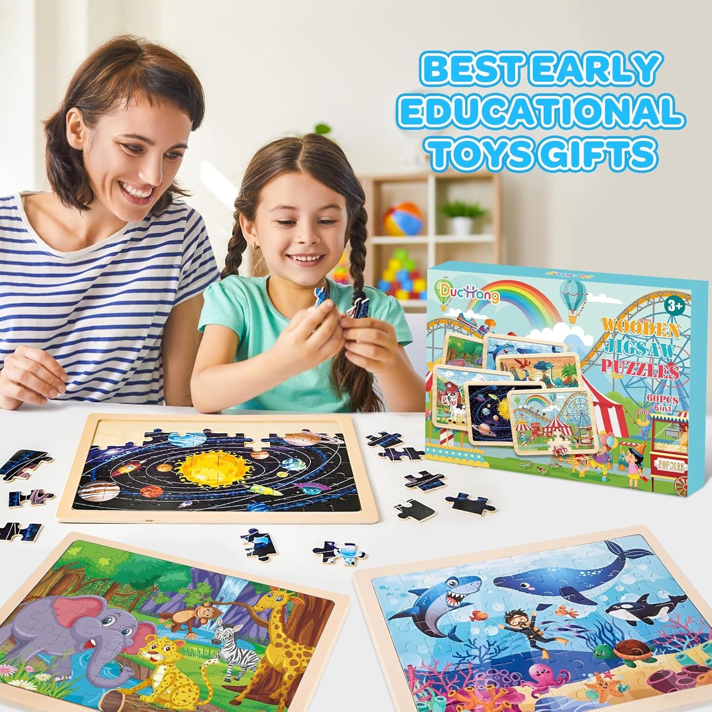 6 Packs Wooden Puzzles for Kids Ages 4-6, 60 Piece Wood Dinosaur Animals Jigsaw Puzzles for Toddlers Ages 3-5, Preschool Educational Learning Toys Gifts for 2 3 4 5 6 7 8 Boys Girls