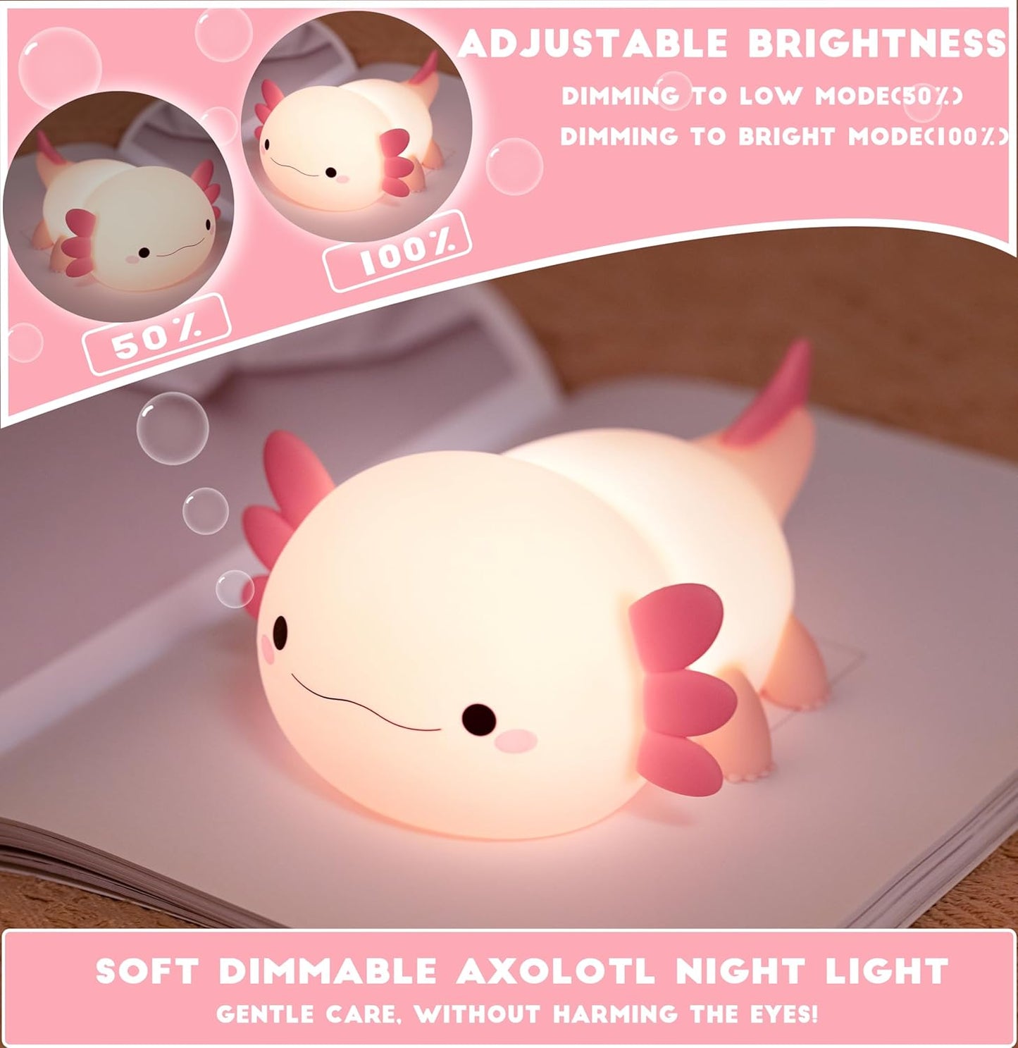 HAPPYBAG Axolotl Night Light,Cute Axolotl lamp Gifts for Kids,Dimmable Silicone Animal Nursery Night Light,Kawaii Rechargeable Bedside Touch Lamp,Room Decor Axolotl Light