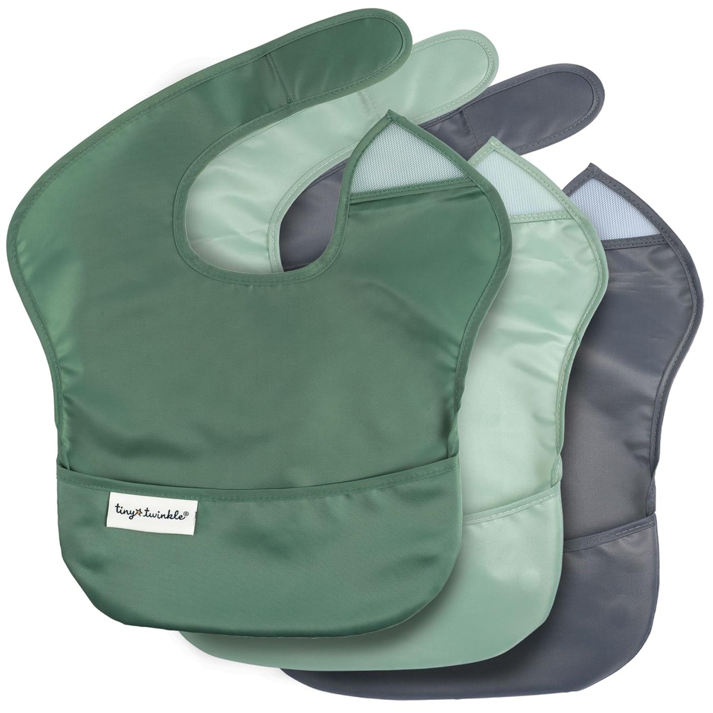 Tiny Twinkle Mess Proof Baby Bibs for Eating - Waterproof, Wipeable Bibs - Toddler Bibs - Travel Friendly - PFAS, PVC, BPA, Phthalate Free - Baby Food Bibs(3 Pack,Olive. Slate)