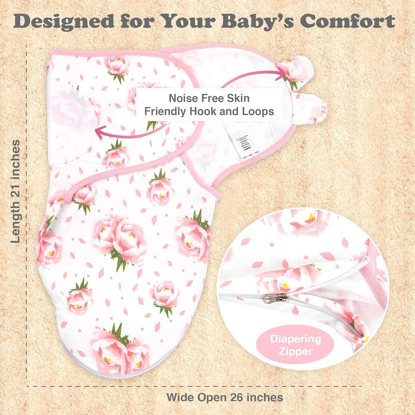Bublo Baby Swaddles for Newborns – Zipper Swaddles 0-3 Months, 3-Pack – Organic Infant Sleep Sack with Zipper – Adjustable & Breathable Swaddle Blanket Wrap for Newborn Girls (Pink Floral)