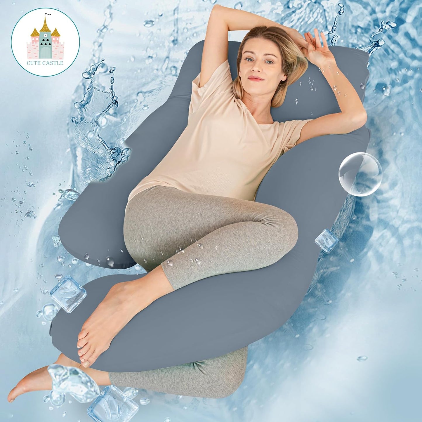Cute Castle Cooling Cover Pregnancy Pillows, Soft U-Shape Maternity Pillow with Removable Cover - Full Body Pillows for Adults Sleeping - Pregnancy Must Haves - Jumbo 57 Inch - Grey