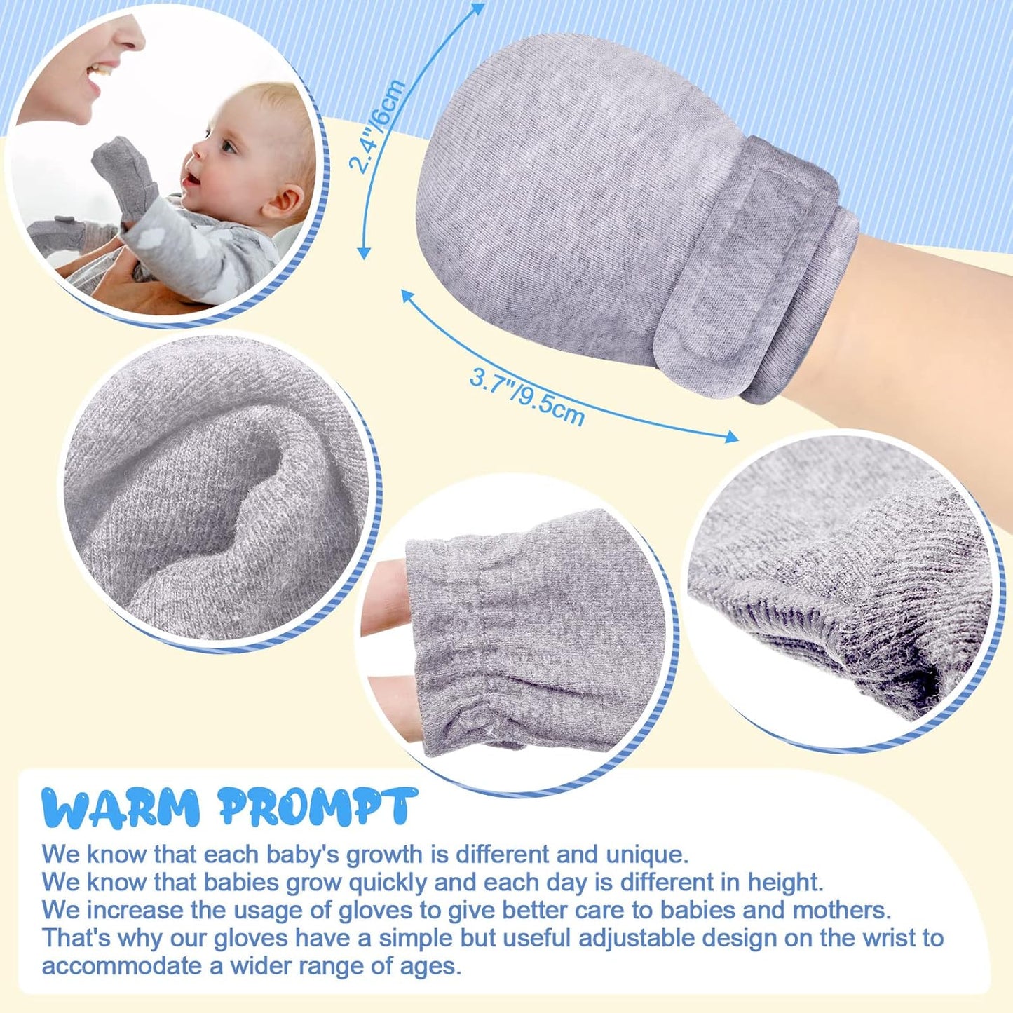 Newcotte 12 Pairs Adjustable Preemie Baby Mittens No Scratch Newborn Cotton Breathable Gloves Warm Mitts for Boys Kids