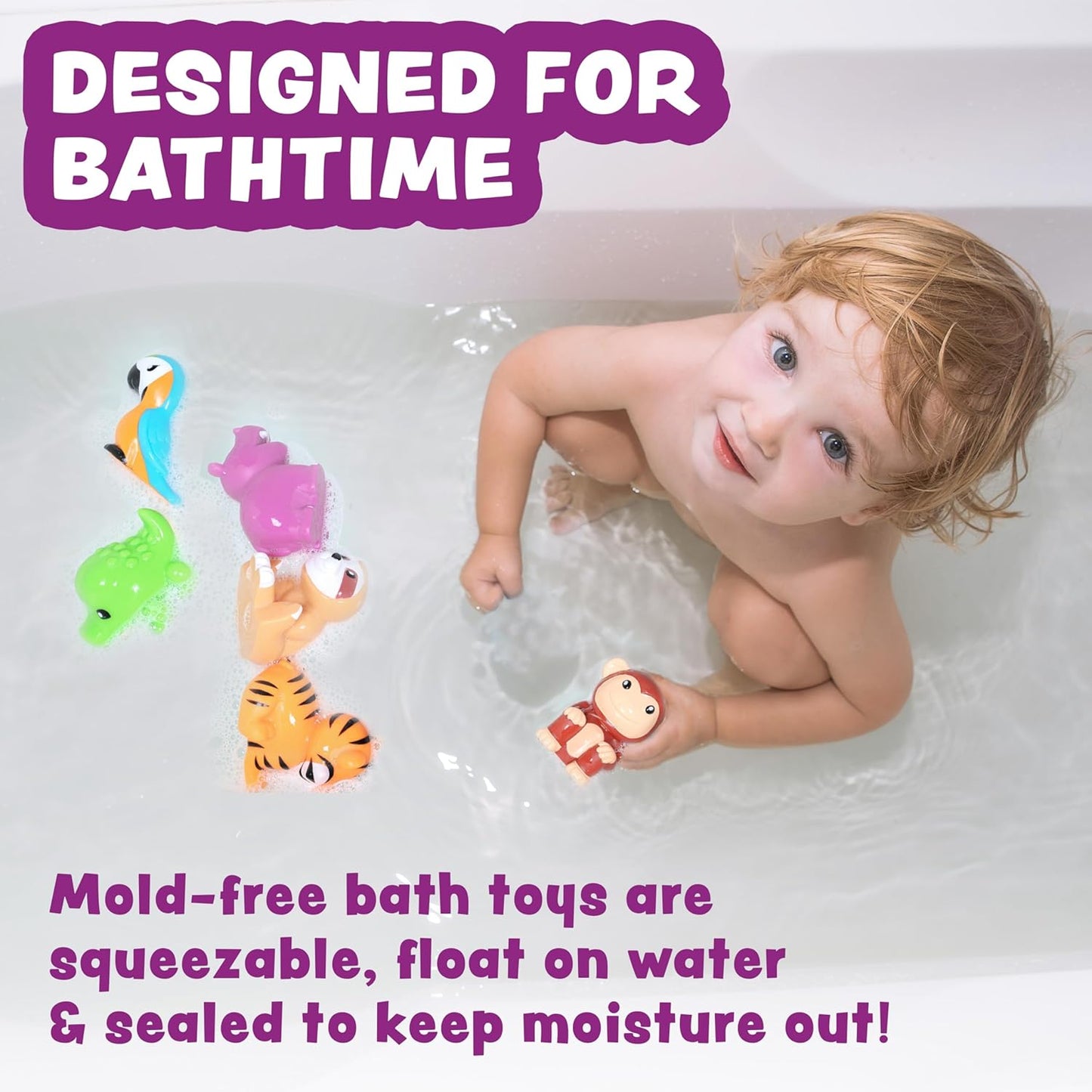 Tub Works® Rainforest™ Mold Free Bath Toys, 6 Pack | Sealed, No Hole Bath Toys Design Keeps Moisture Out | Soft, Squeezable & Float on Water | Easy-Grip Baby & Toddler Bath Toy | Great Baby Pool Toys